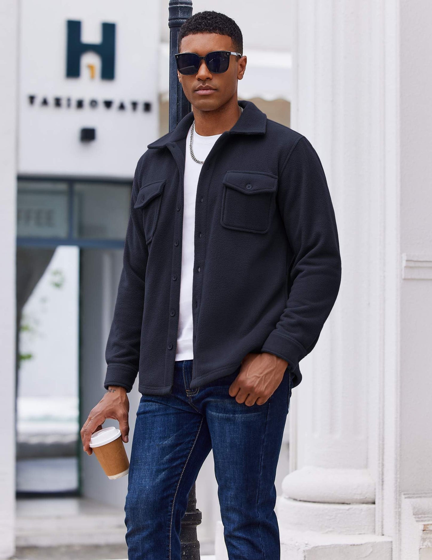 COOFANDY Men's Polar Fleece Shirt Jacket Long Sleeve Casual Button Down Shirts Shacket with Pockets