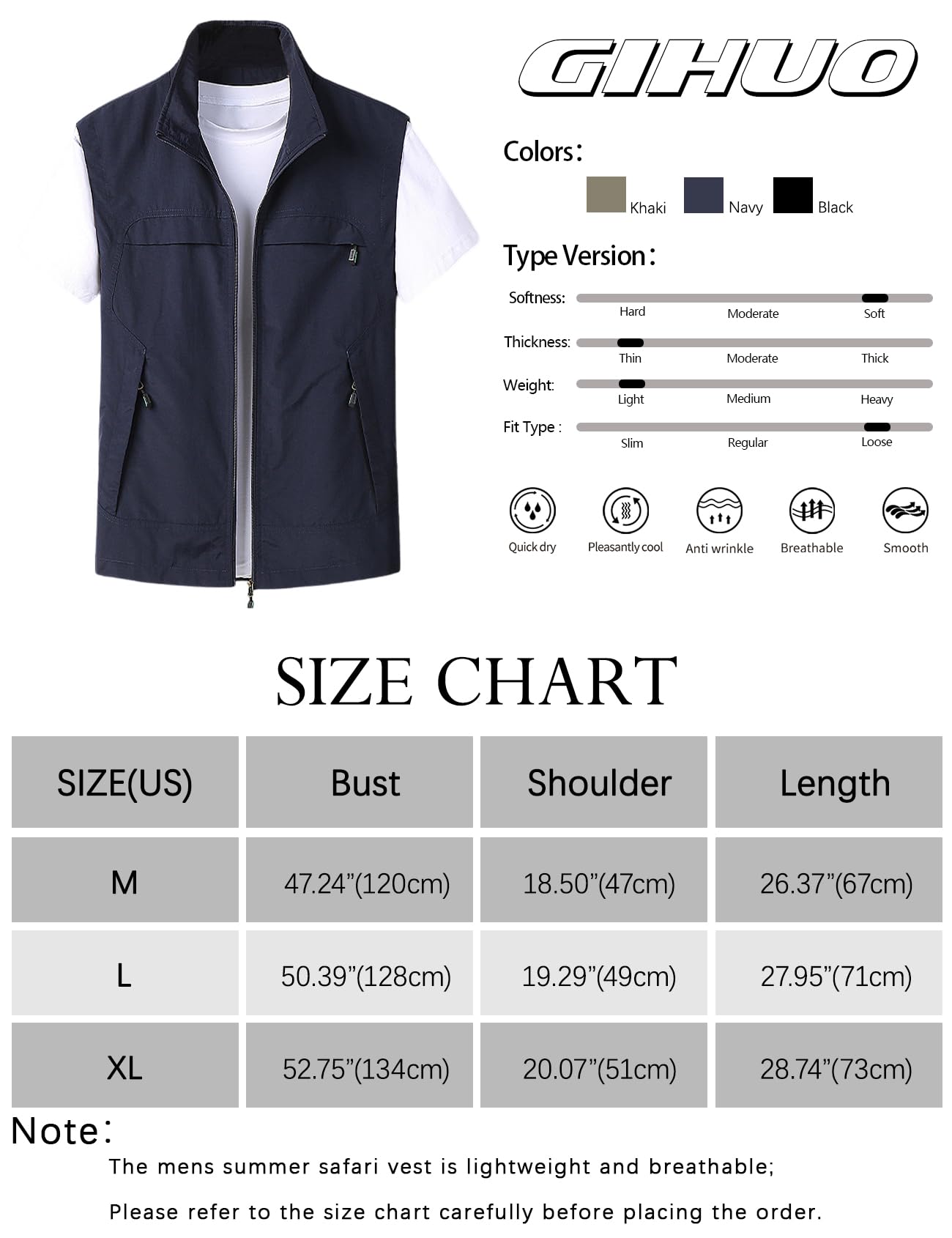 Gihuo Mens Casual Lightweight Travel Vest Summer Utility Safari Vest Sleeveless Jackets for Travel Hiking Fishing