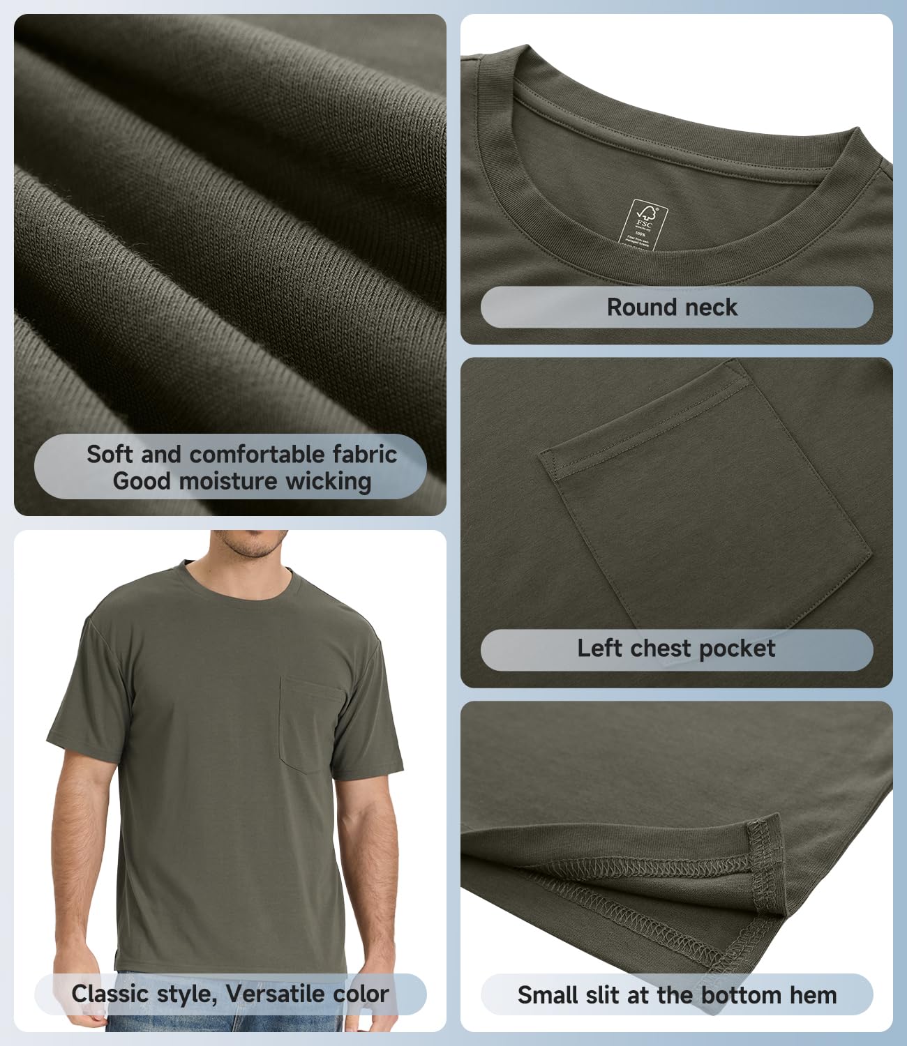 BAMBOO COOL Men's Pocket T-Shirts Heavy Weight Moisture-Wicking Tee Shirts Crewneck Short Sleeve T Shirts