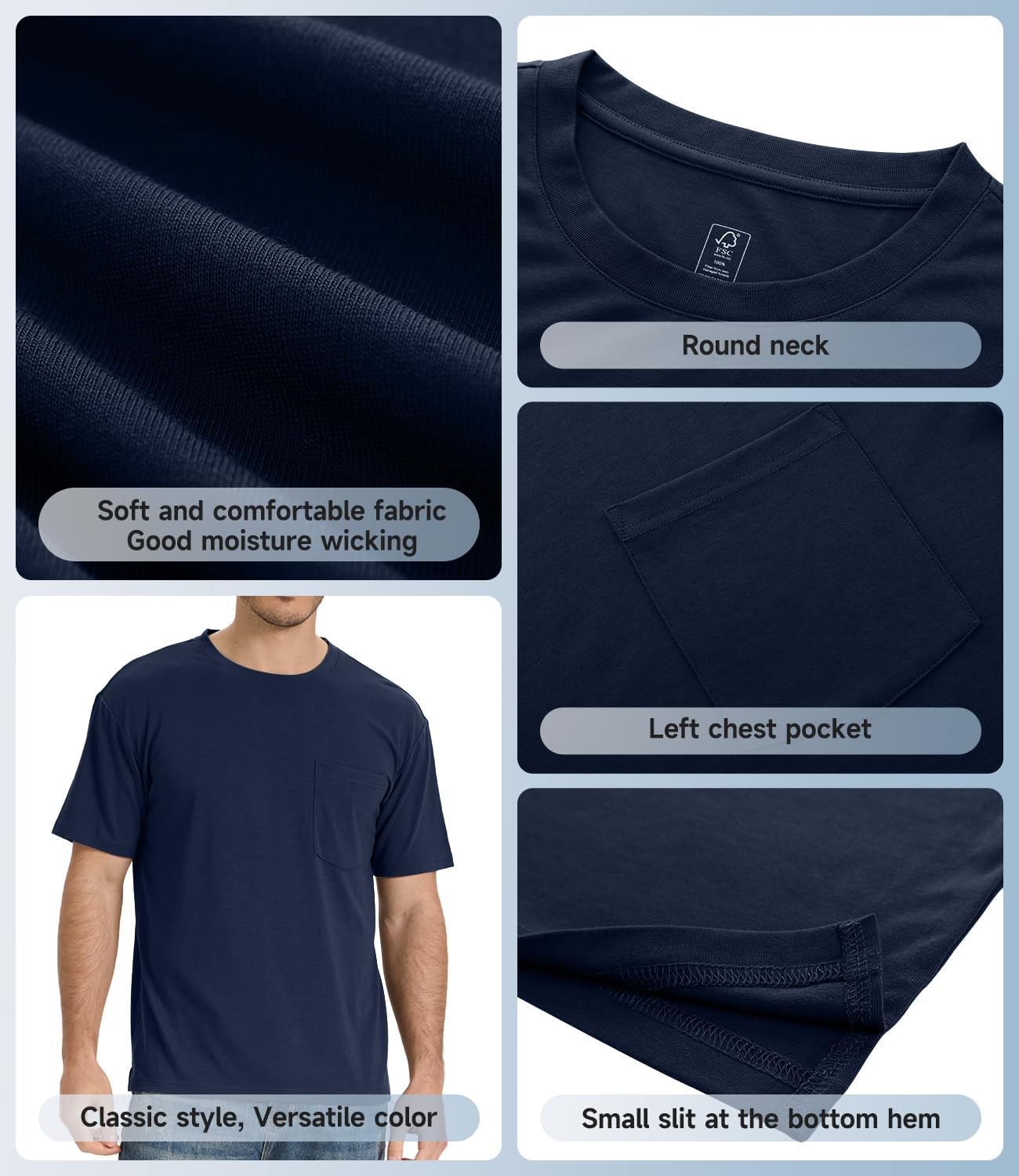 BAMBOO COOL Men's Pocket T-Shirts Heavy Weight Moisture-Wicking Tee Shirts Crewneck Short Sleeve T Shirts