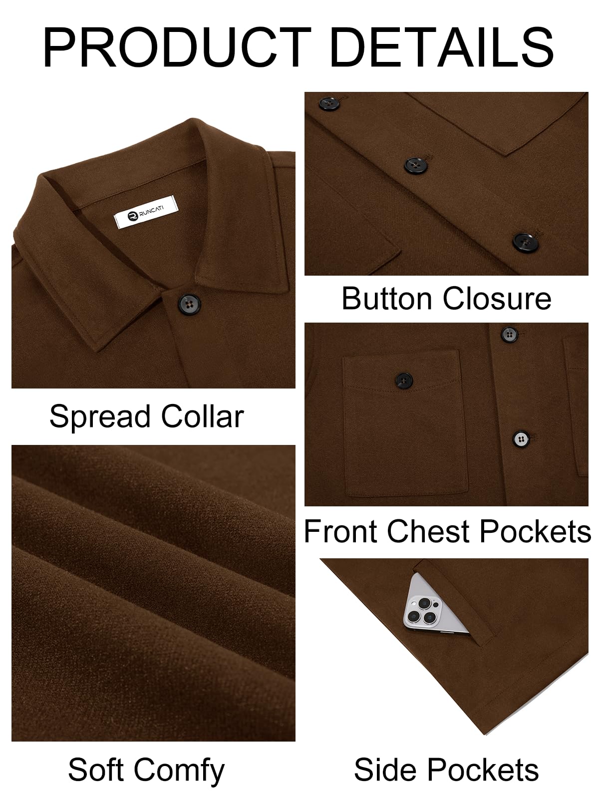 Runcati Mens Lightweight Shirt Jacket Button Down Long Sleeve Shacket Casual Fall Warm Work Stylish Jackets with Pocket