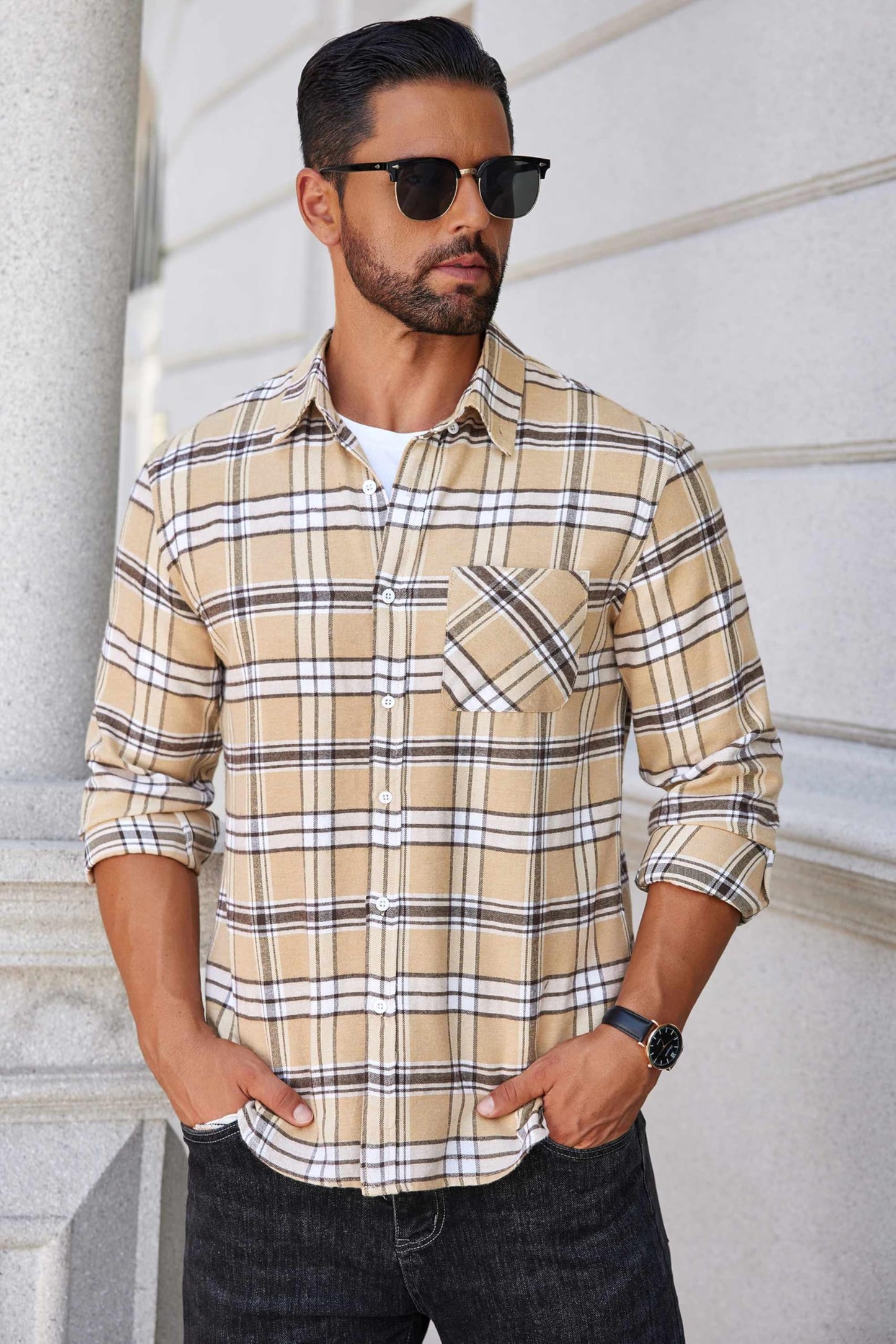 COOFANDY Mens Flannel Shirts Long Sleeve Plaid Button Down Shirt Casual Cotton Shirt with Pocket