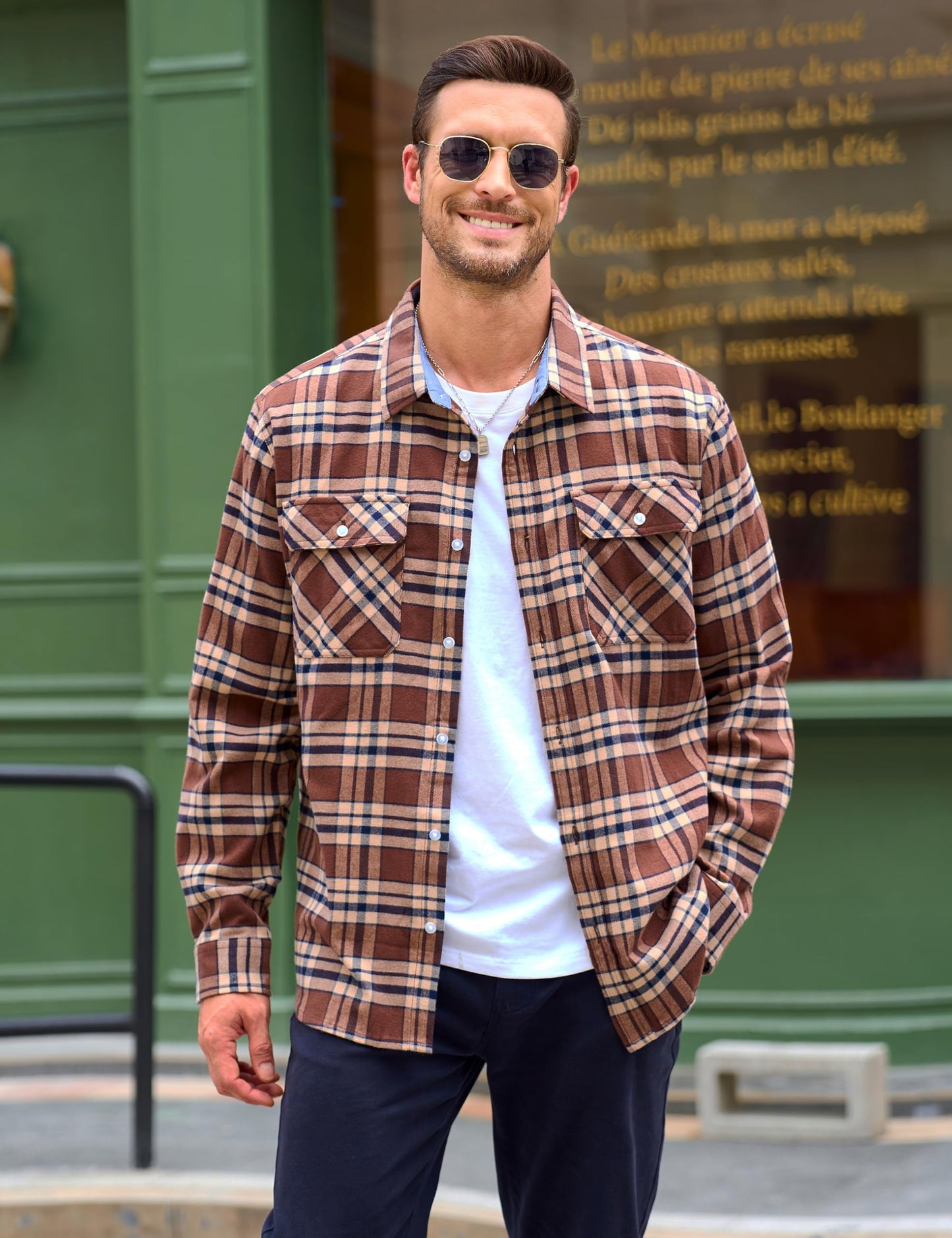 MAGCOMSEN Men's Flannel Shirts Cotton Long Sleeve Plaid Shirt Casual Fashion Button Up Shirts Jackets with 2 Pockets