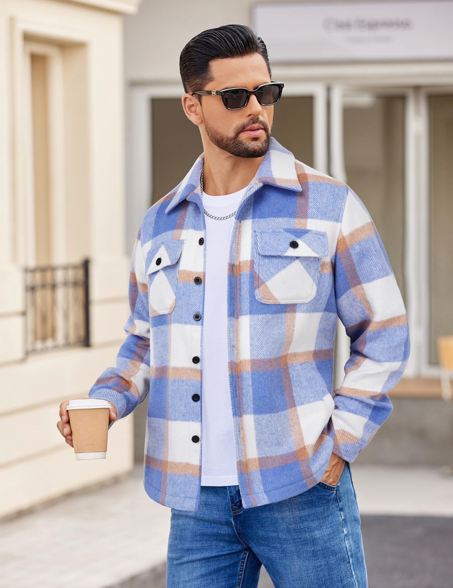 COOFANDY Men's Flannel Jacket Long Sleeve Plaid Shirt Jackets Button Down Fleece Shacket Casual Fall Soft Outwear