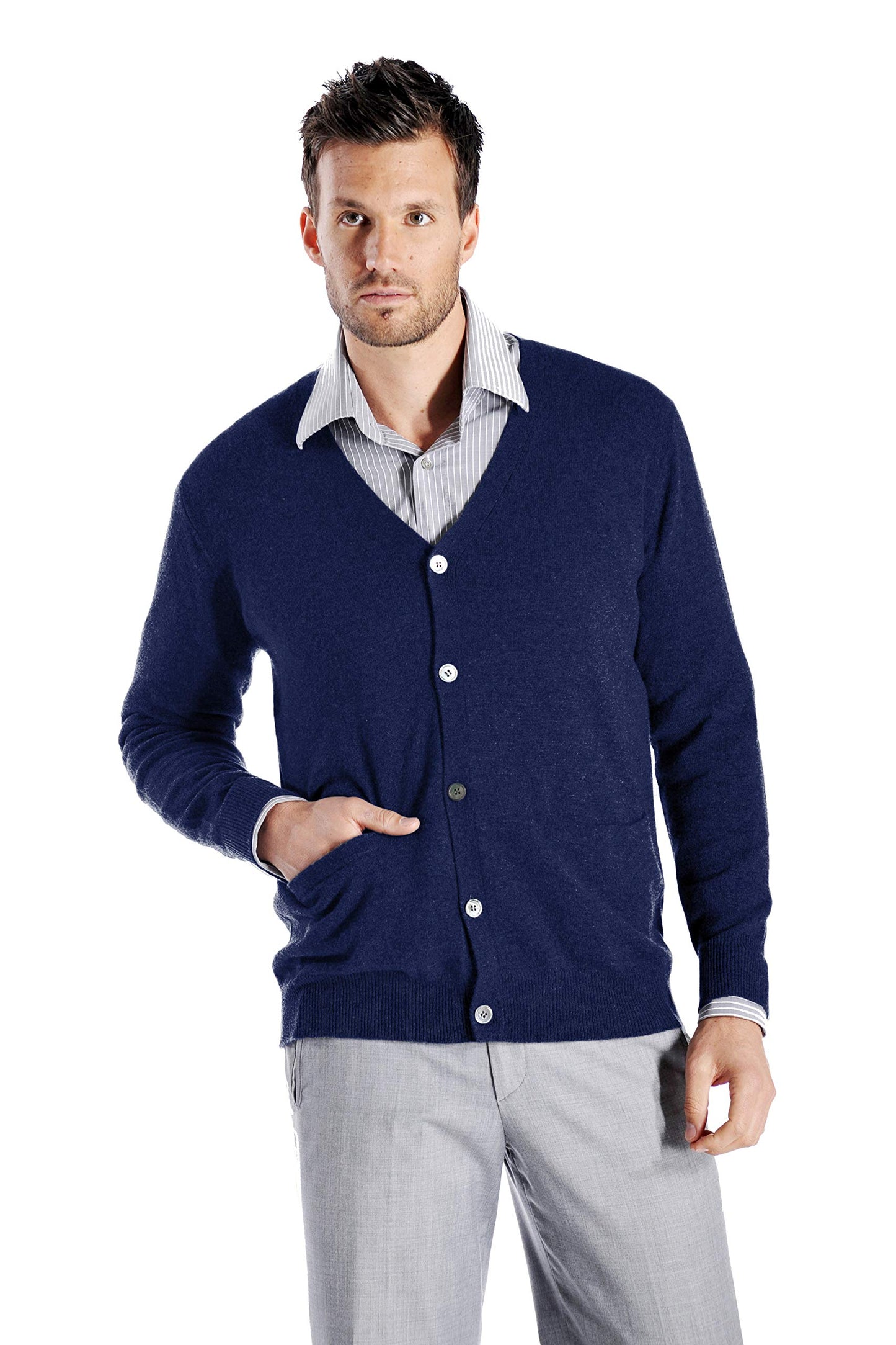 Cashmere Boutique Men's 100% Pure Cashmere Front Button Long Sleeve Cardigan Sweater