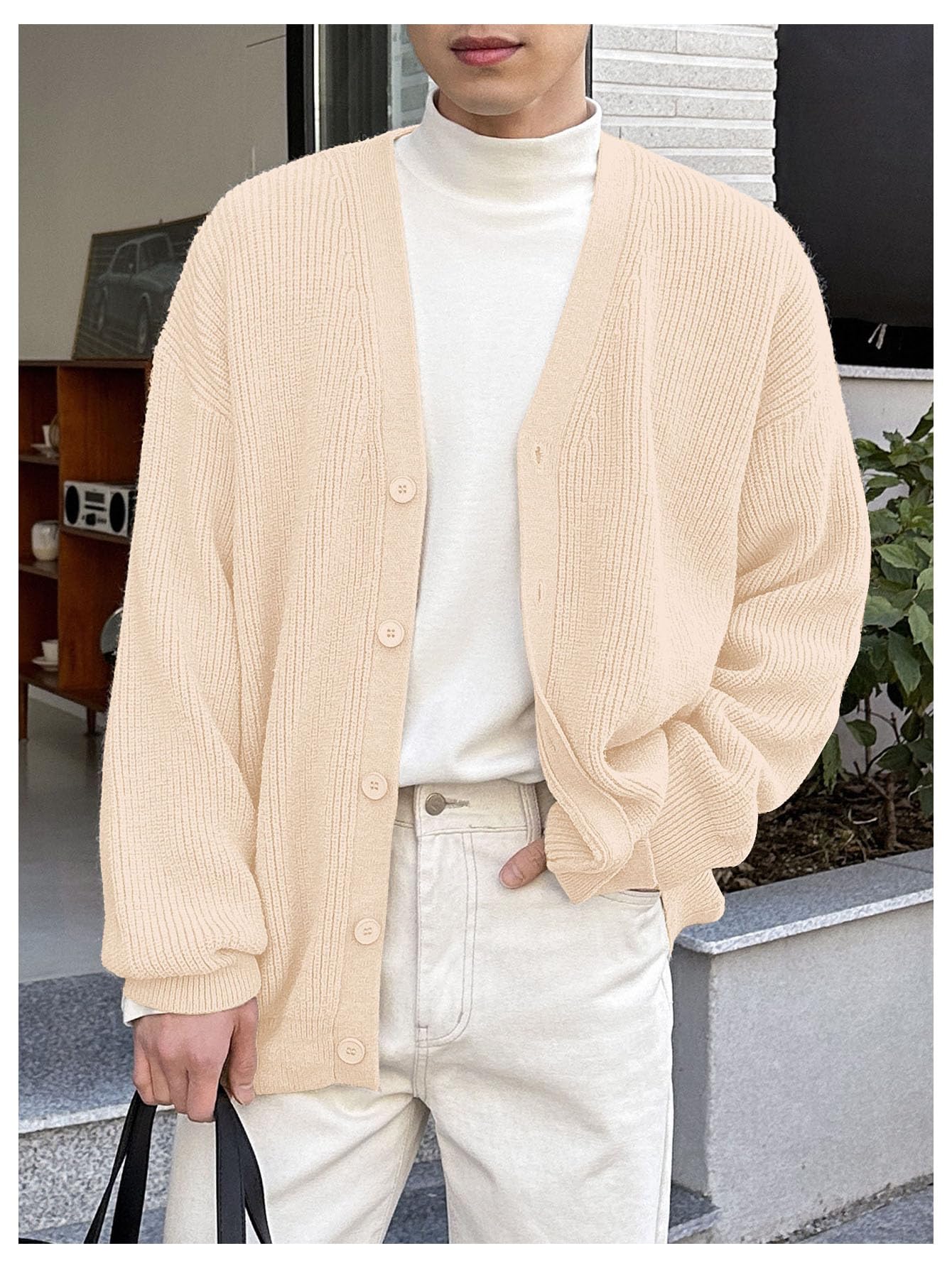 Floerns Men's Casual Long Sleeve Button Front V Neck Rib Knit Cardigan Sweaters