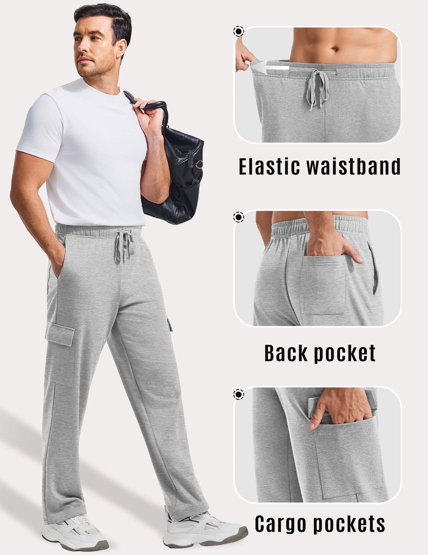 PINSPARK Cargo Sweatpants for Men with Pockets Open Bottom Baggy Cotton Sweatpants Lightweight Lounge Sweat Pants for Yoga