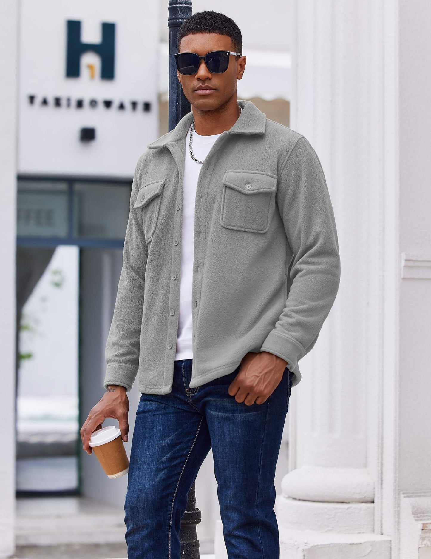 COOFANDY Men's Polar Fleece Shirt Jacket Long Sleeve Casual Button Down Shirts Shacket with Pockets