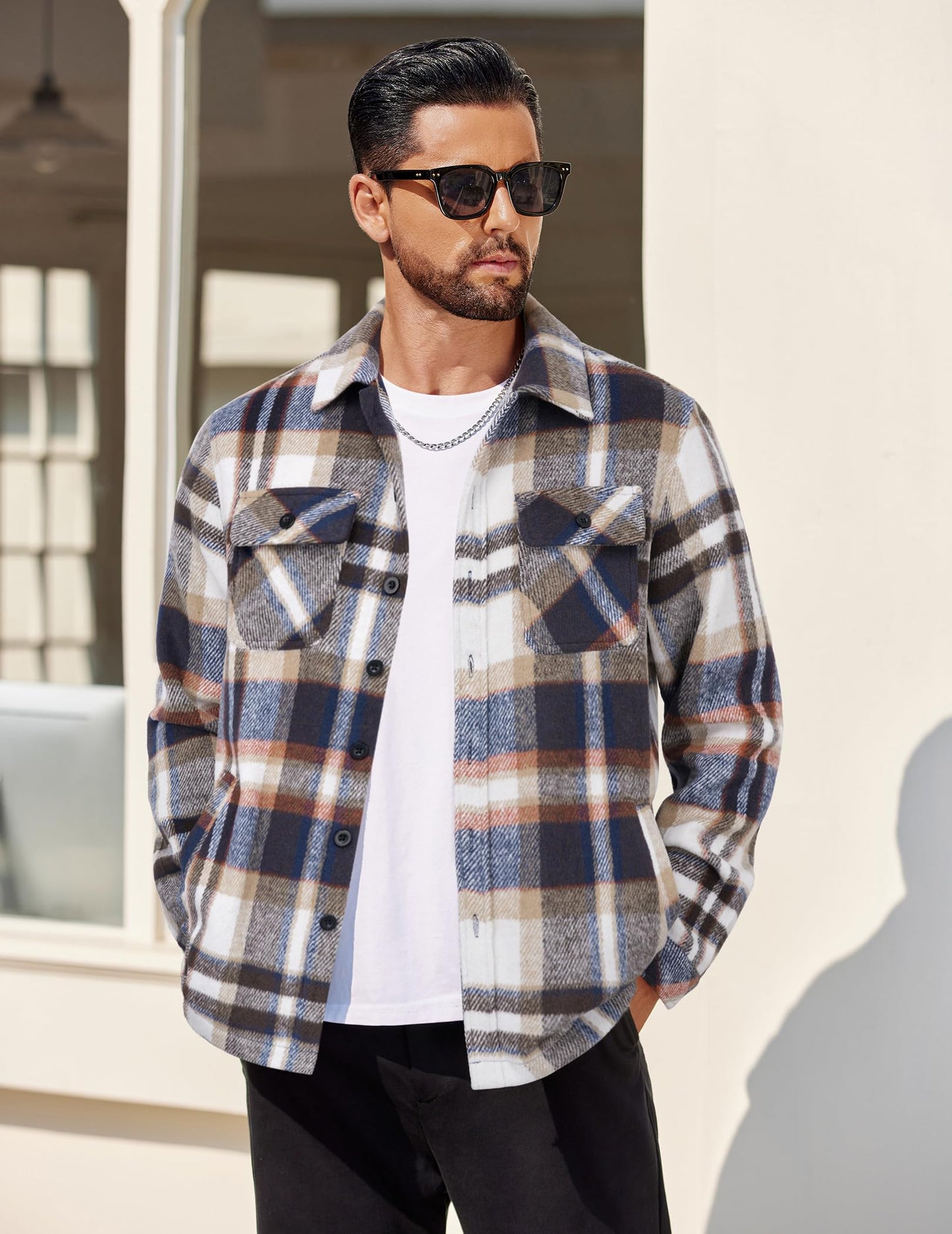 COOFANDY Men's Flannel Jacket Long Sleeve Plaid Shirt Jackets Button Down Fleece Shacket Casual Fall Soft Outwear