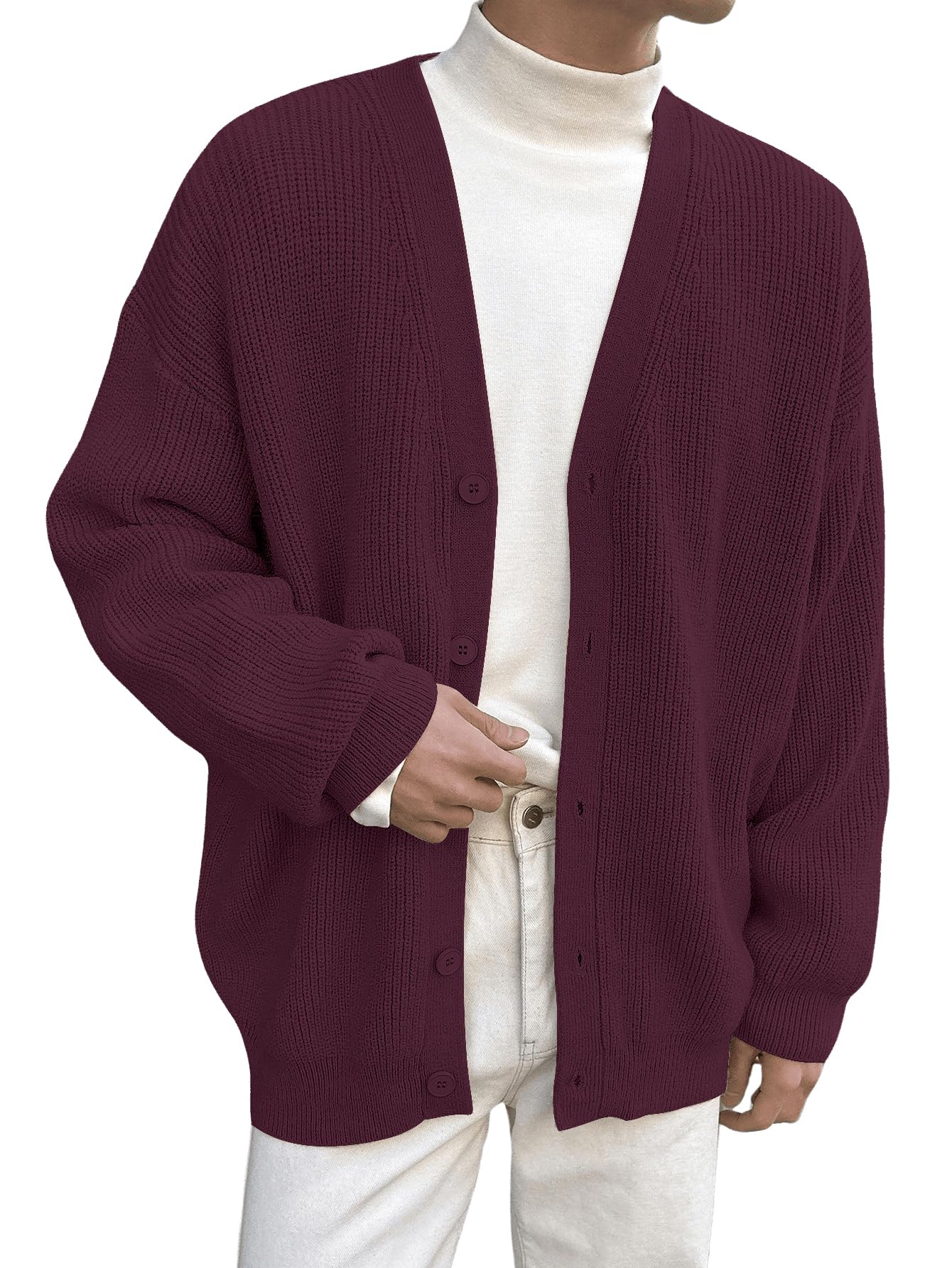 Floerns Men's Casual Long Sleeve Button Front V Neck Rib Knit Cardigan Sweaters