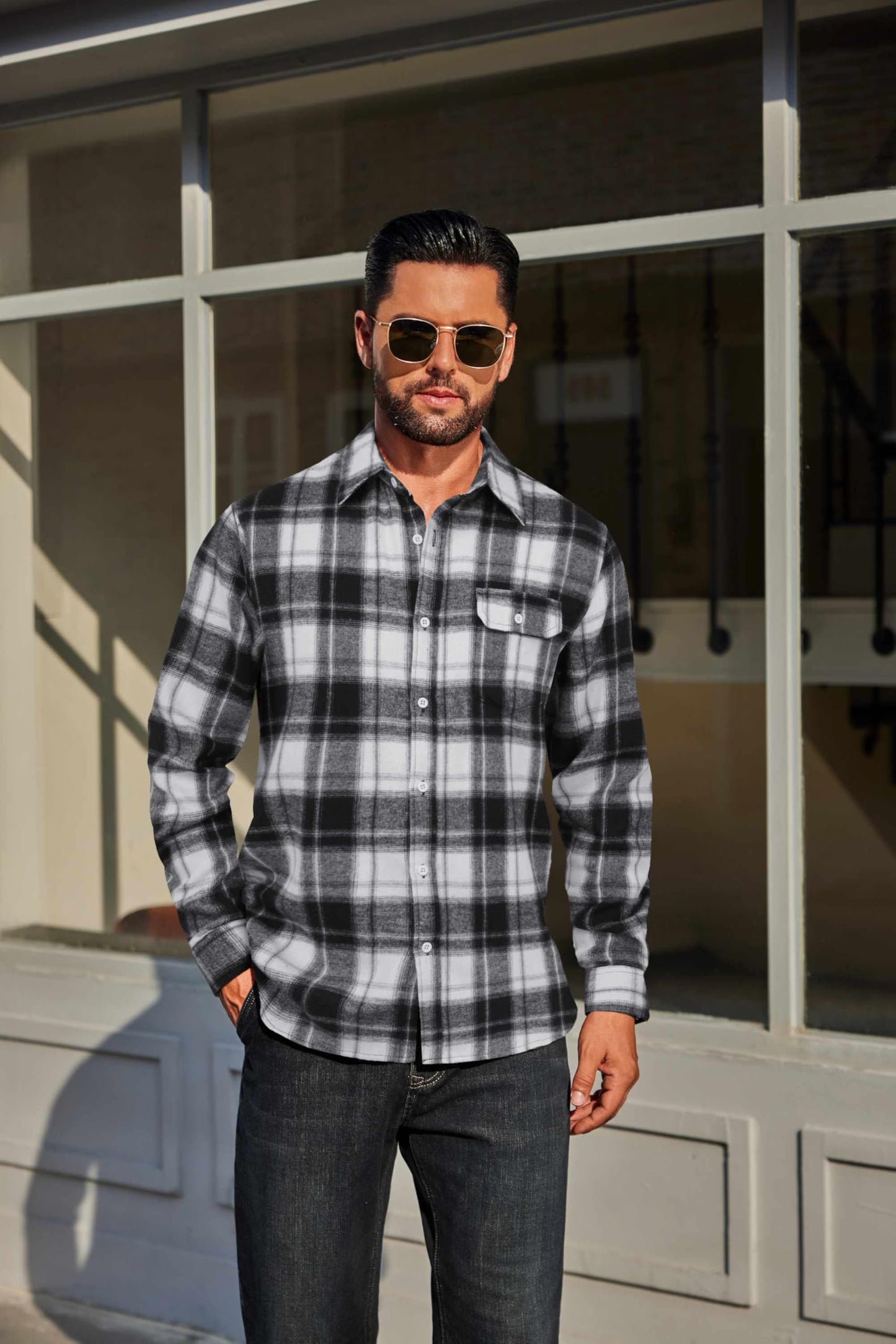 COOFANDY Mens Flannel Plaid Shirts Long Sleeve Casual Button Down Cotton Shirt with Pocket
