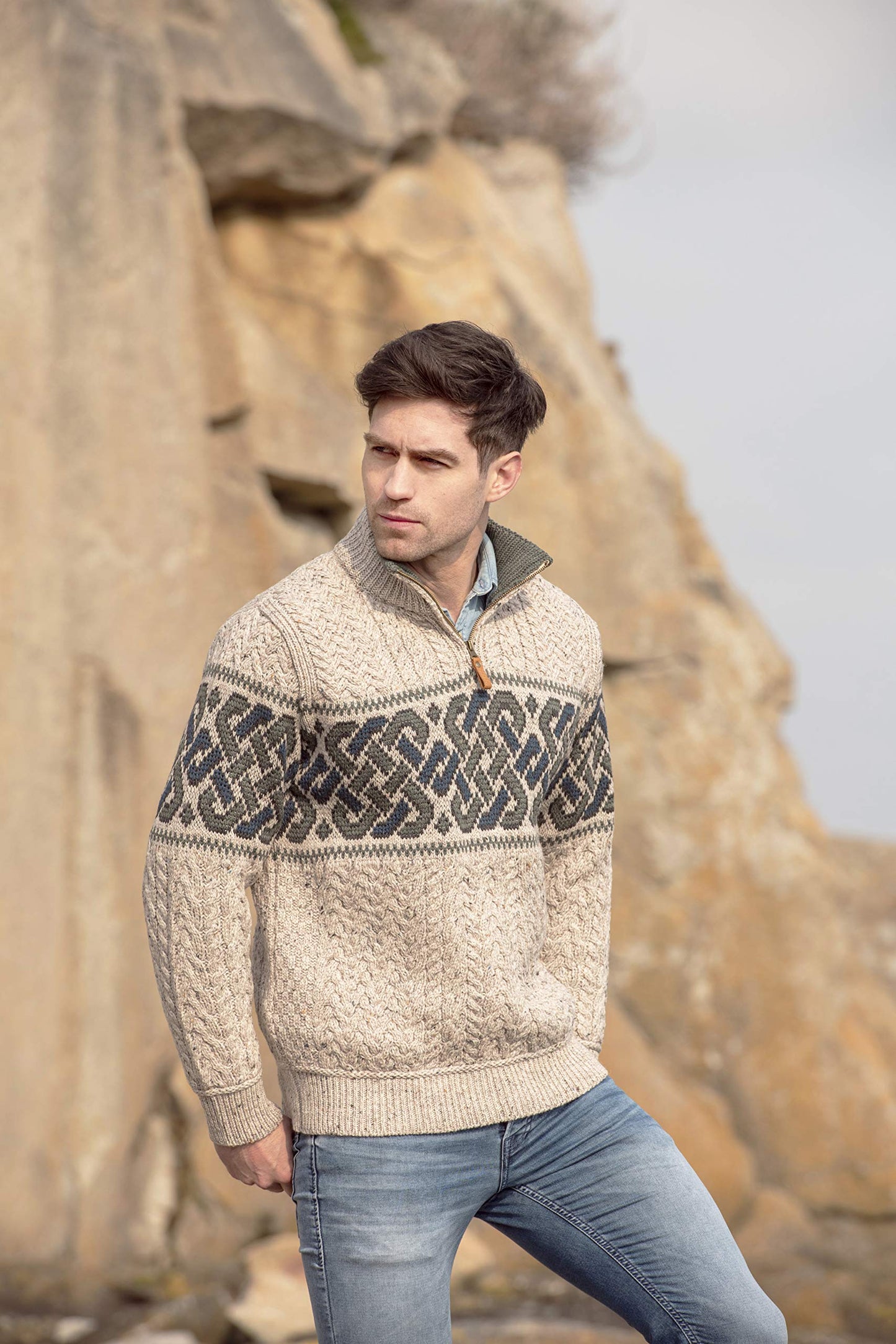 Aran Crafts Men's Irish Cable Knit Half Zip Jacquard Sweater (100% Merino Wool)