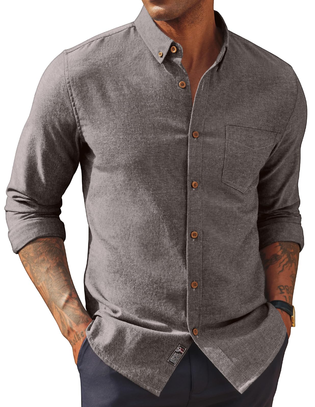 PJ PAUL JONES Mens Classic Fit Linen-Cotton Shirt Button Down Long Sleeve Casual Business Shirts