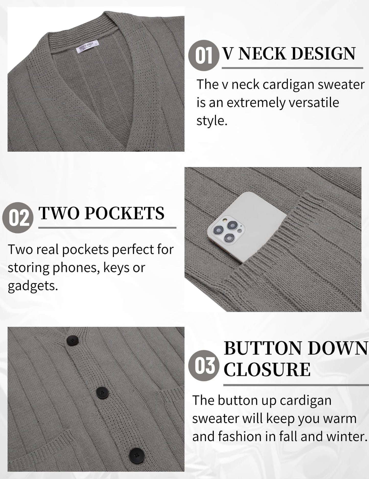 COOFANDY Men's Cardigan Sweater Cable Knit V Neck Button up Sweaters Ribbed Cardigan Sweater with Pockets