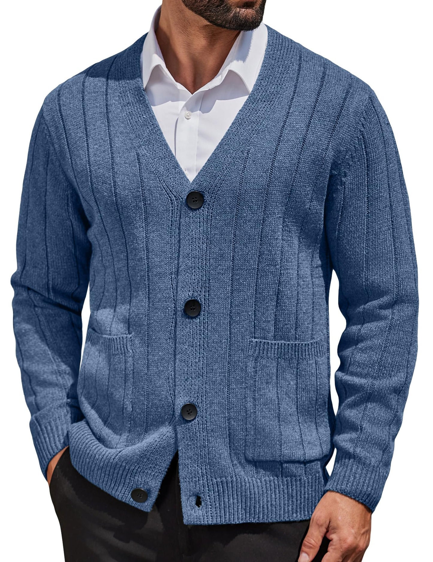 COOFANDY Men's Cardigan Sweater Cable Knit V Neck Button up Sweaters Ribbed Cardigan Sweater with Pockets