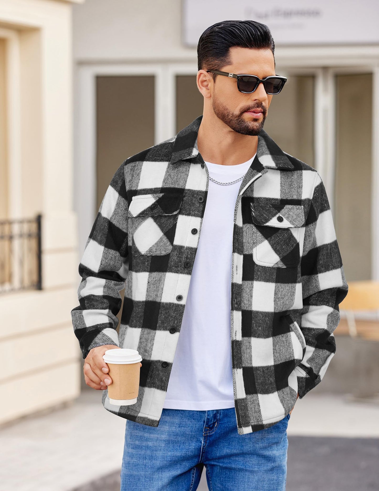 COOFANDY Men's Flannel Jacket Long Sleeve Plaid Shirt Jackets Button Down Fleece Shacket Casual Fall Soft Outwear