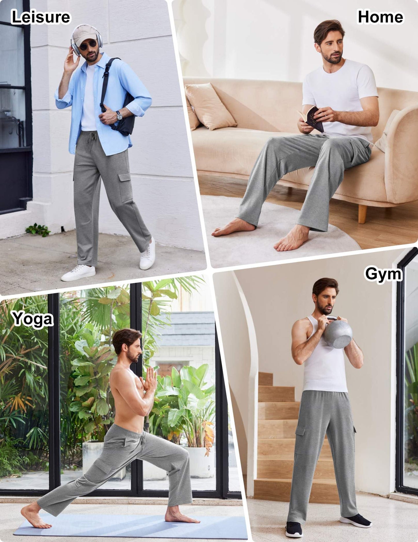 PINSPARK Cargo Sweatpants for Men with Pockets Open Bottom Baggy Cotton Sweatpants Lightweight Lounge Sweat Pants for Yoga