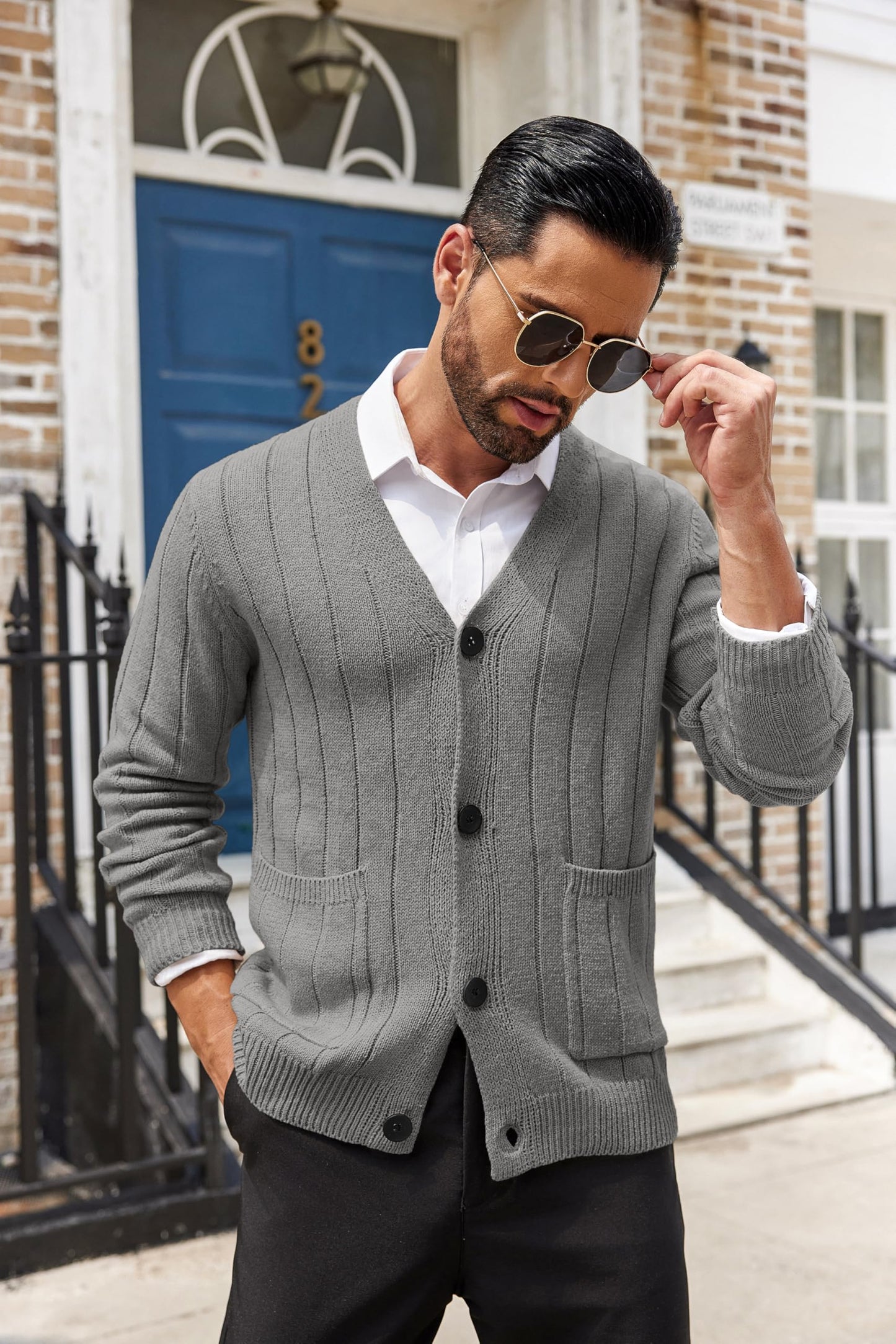 COOFANDY Men's Cardigan Sweater Cable Knit V Neck Button up Sweaters Ribbed Cardigan Sweater with Pockets
