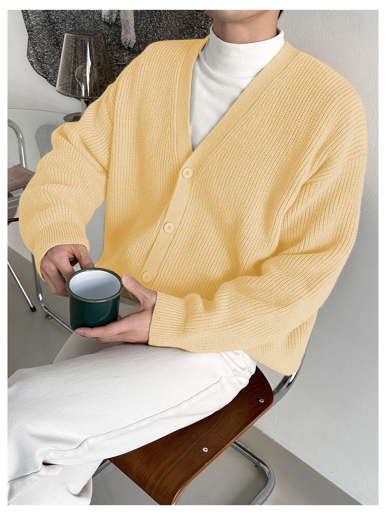 Floerns Men's Casual Long Sleeve Button Front V Neck Rib Knit Cardigan Sweaters