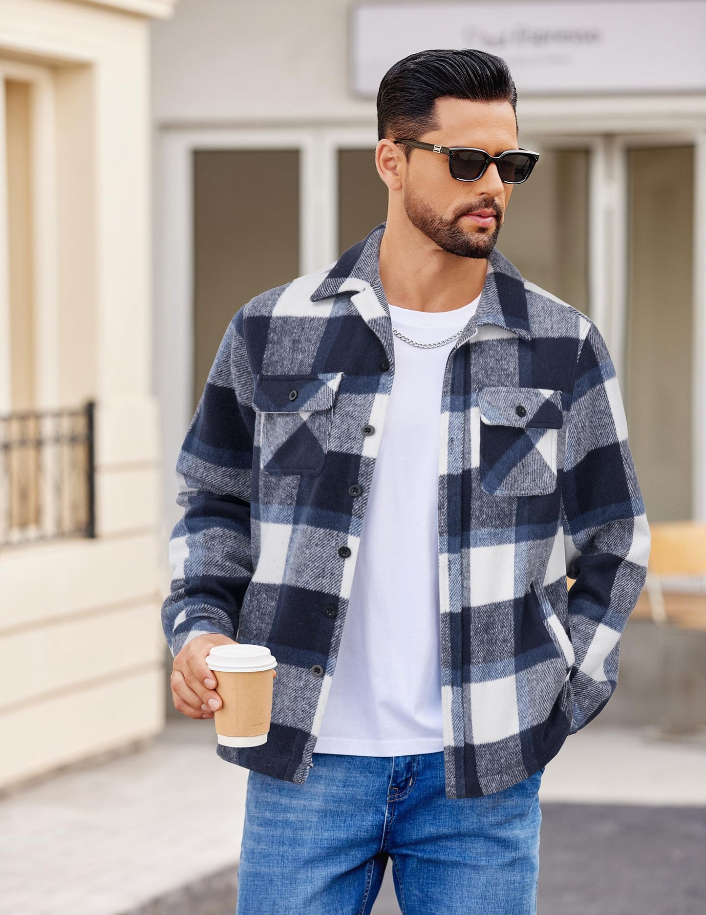 COOFANDY Men's Flannel Jacket Long Sleeve Plaid Shirt Jackets Button Down Fleece Shacket Casual Fall Soft Outwear