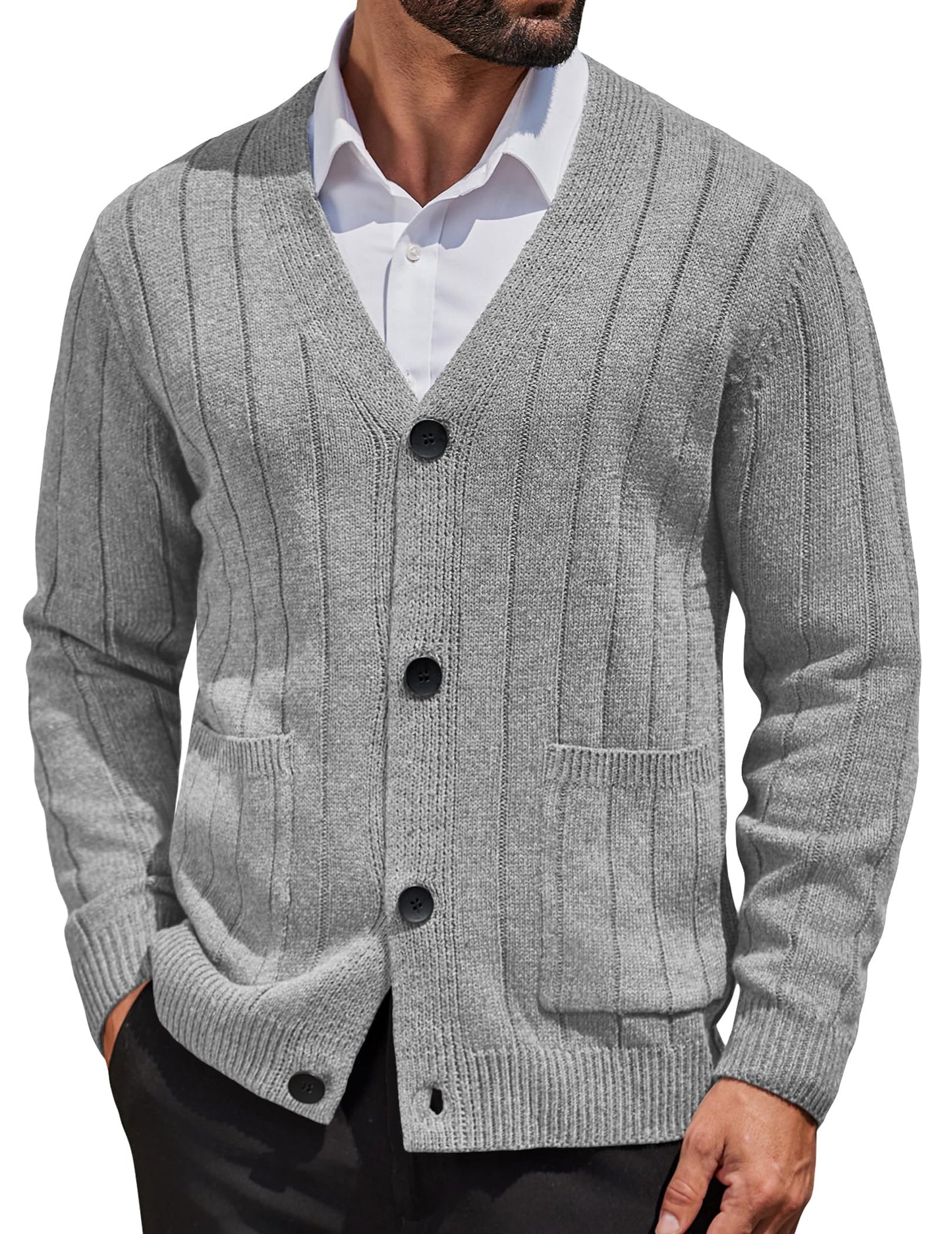 COOFANDY Men's Cardigan Sweater Cable Knit V Neck Button up Sweaters Ribbed Cardigan Sweater with Pockets