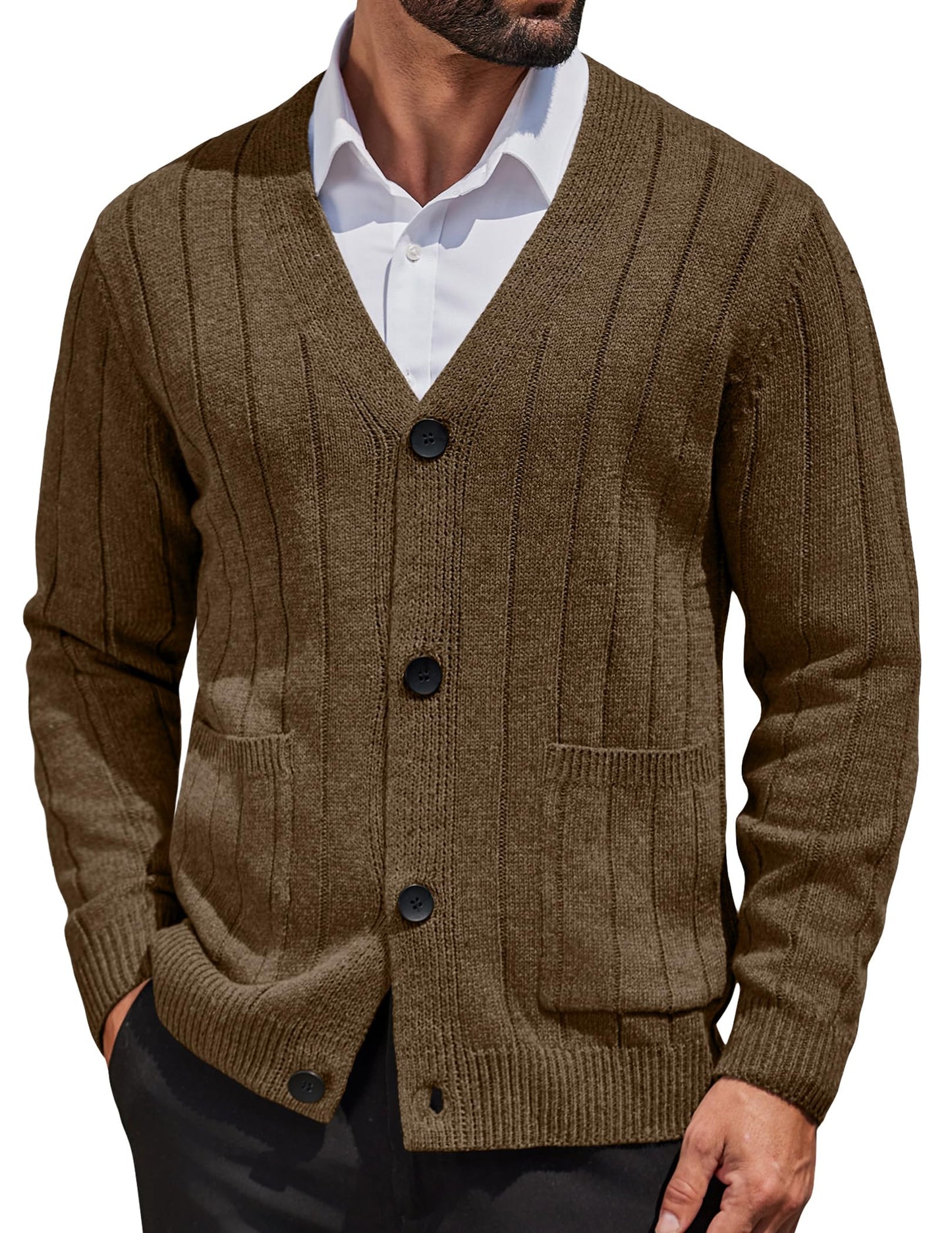 COOFANDY Men's Cardigan Sweater Cable Knit V Neck Button up Sweaters Ribbed Cardigan Sweater with Pockets