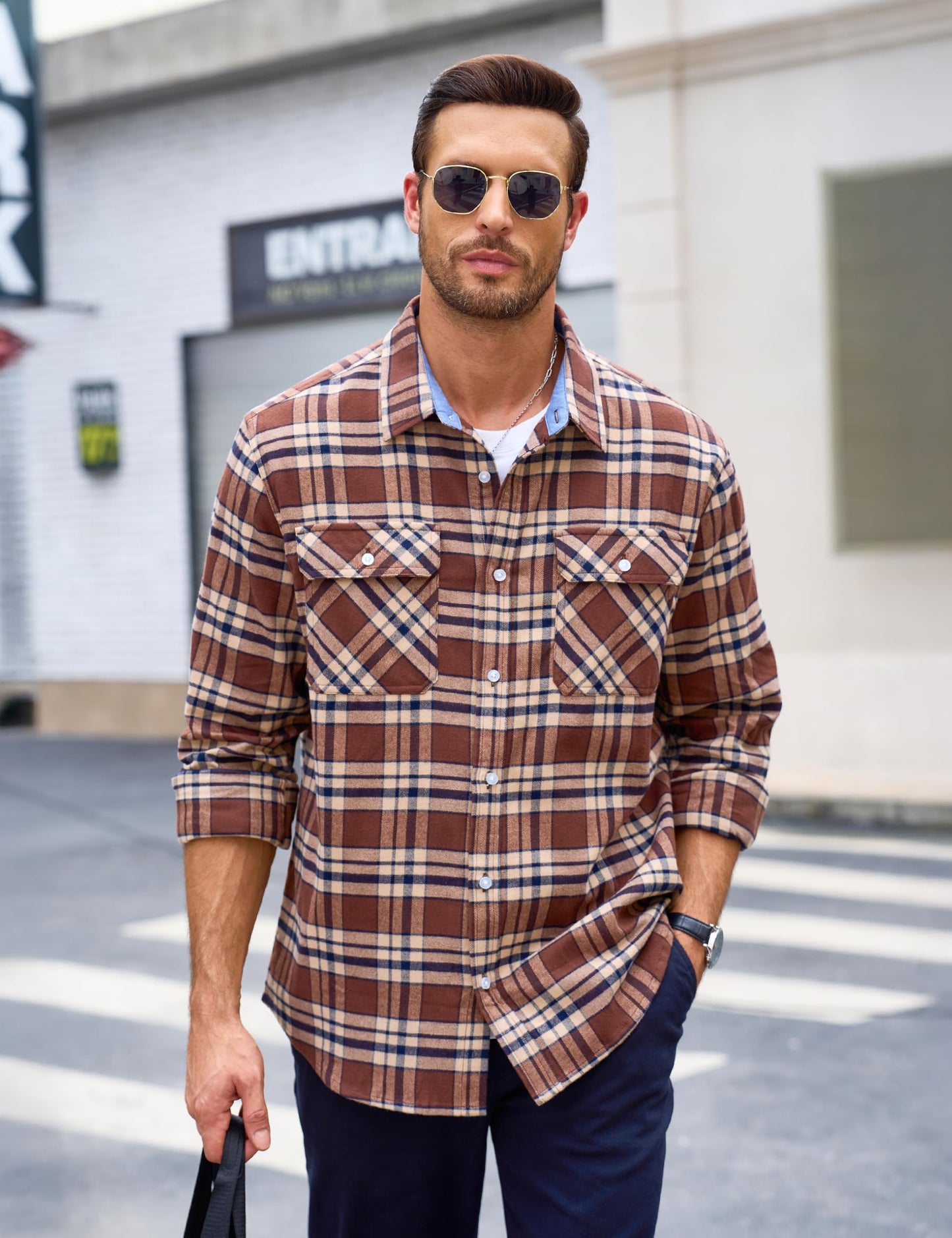 MAGCOMSEN Men's Flannel Shirts Cotton Long Sleeve Plaid Shirt Casual Fashion Button Up Shirts Jackets with 2 Pockets