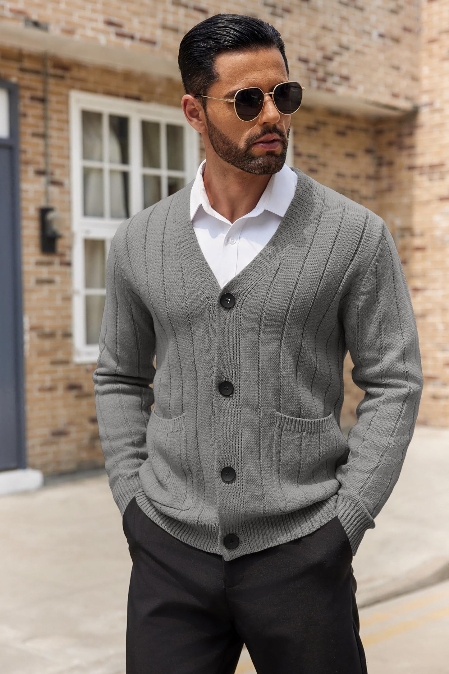 COOFANDY Men's Cardigan Sweater Cable Knit V Neck Button up Sweaters Ribbed Cardigan Sweater with Pockets