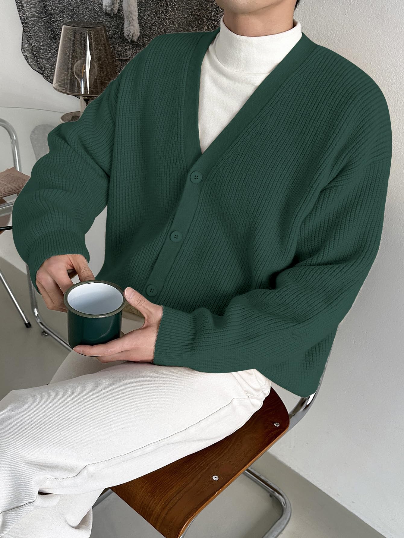 Floerns Men's Casual Long Sleeve Button Front V Neck Rib Knit Cardigan Sweaters