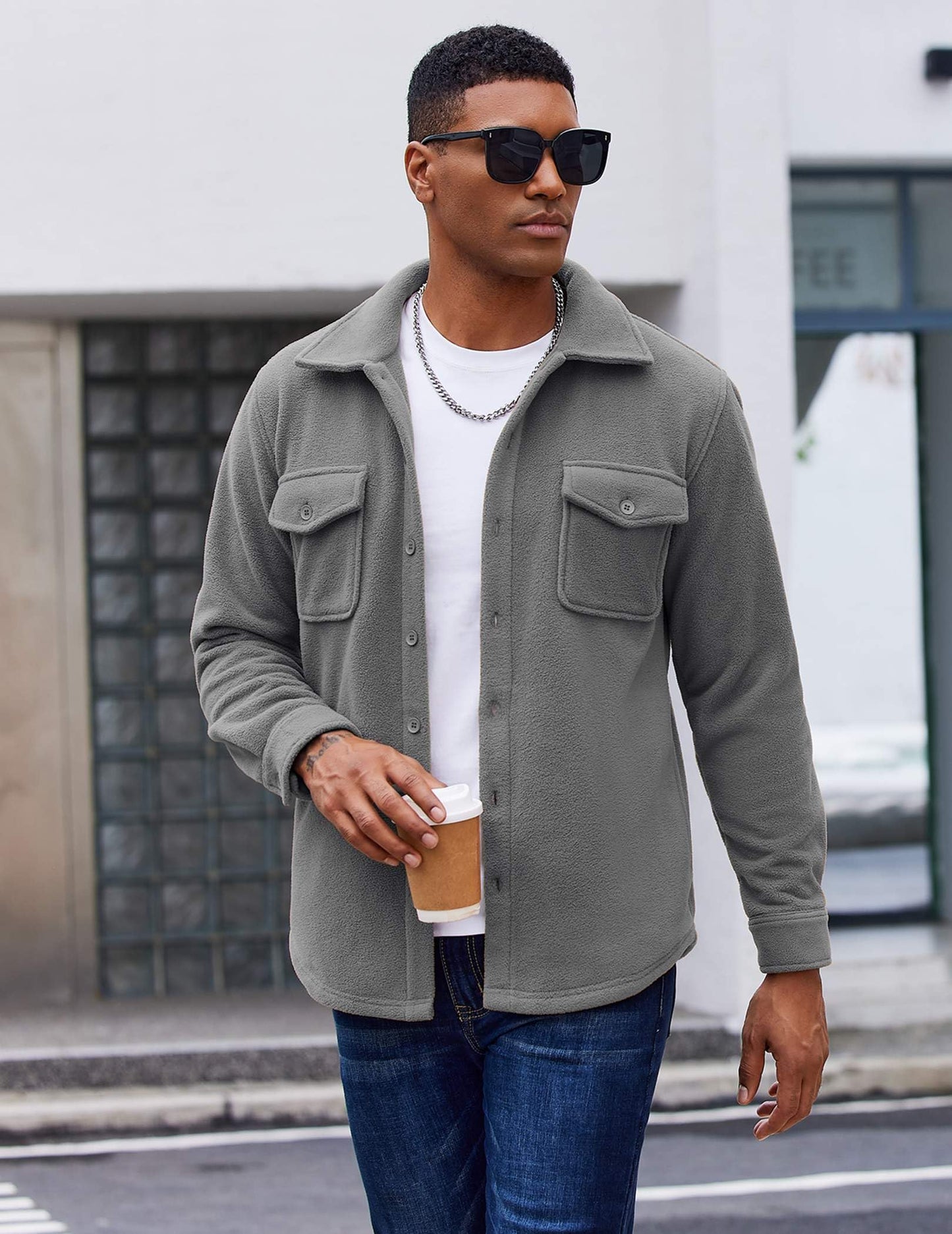 COOFANDY Men's Polar Fleece Shirt Jacket Long Sleeve Casual Button Down Shirts Shacket with Pockets