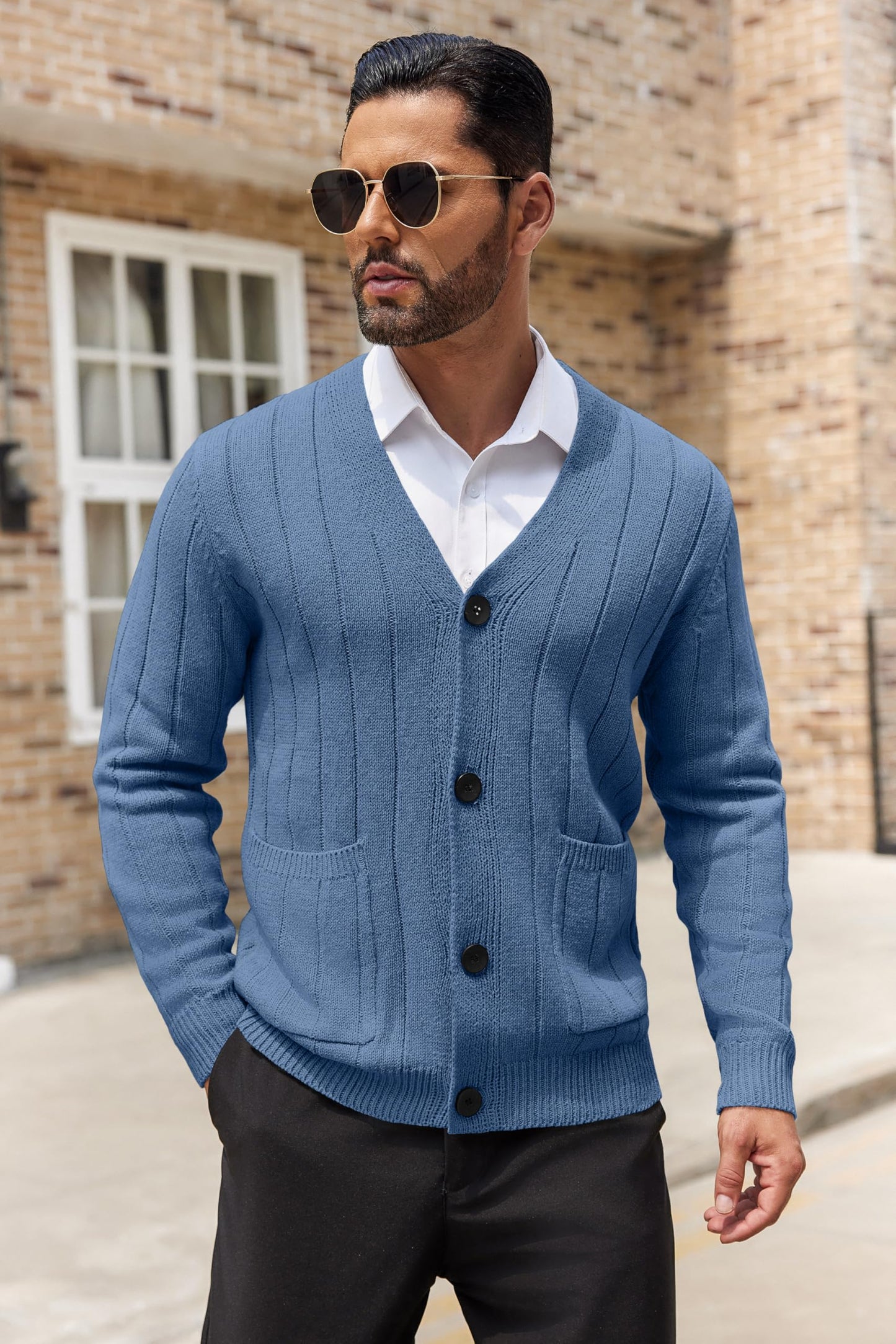 COOFANDY Men's Cardigan Sweater Cable Knit V Neck Button up Sweaters Ribbed Cardigan Sweater with Pockets