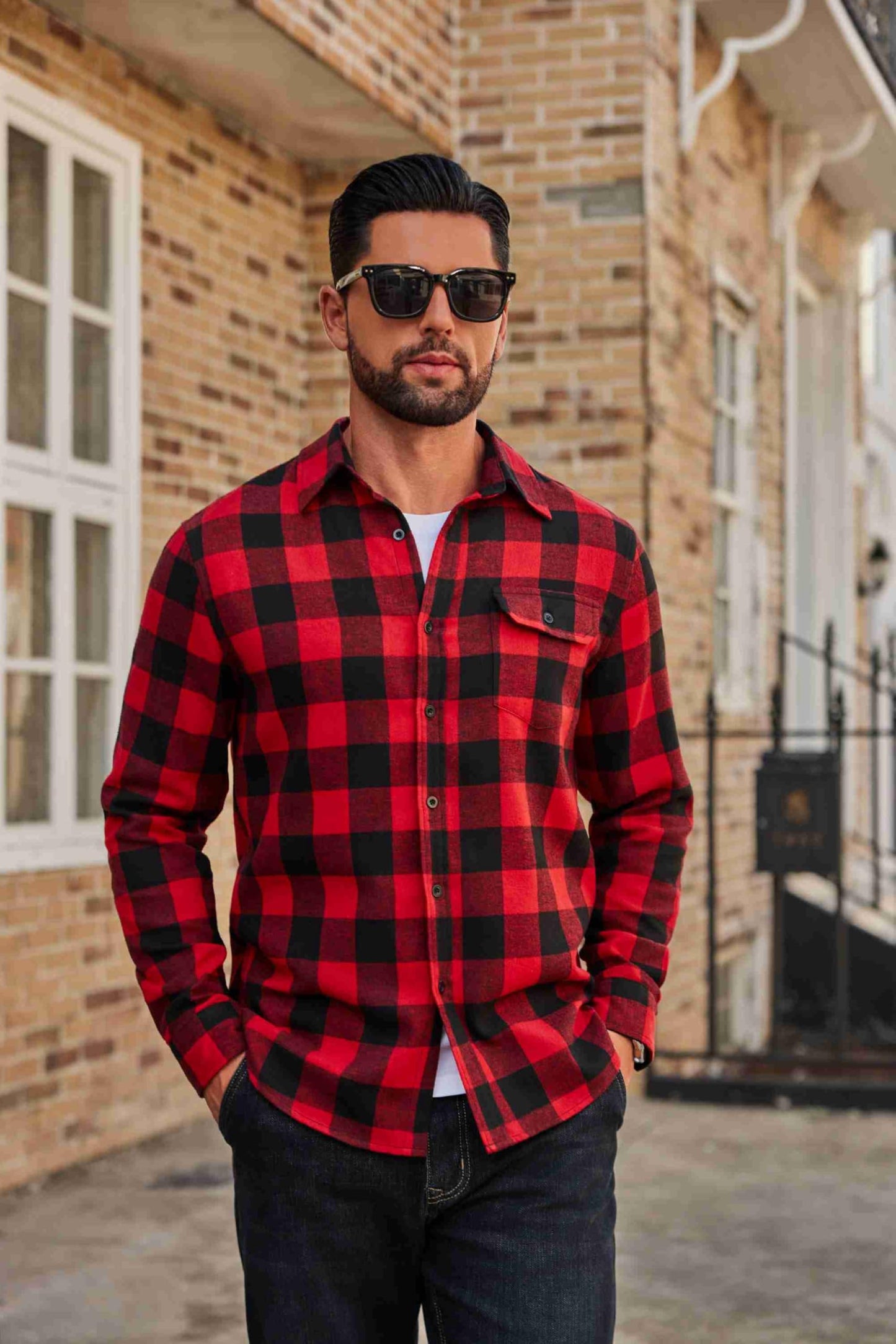 COOFANDY Mens Flannel Plaid Shirts Long Sleeve Casual Button Down Cotton Shirt with Pocket