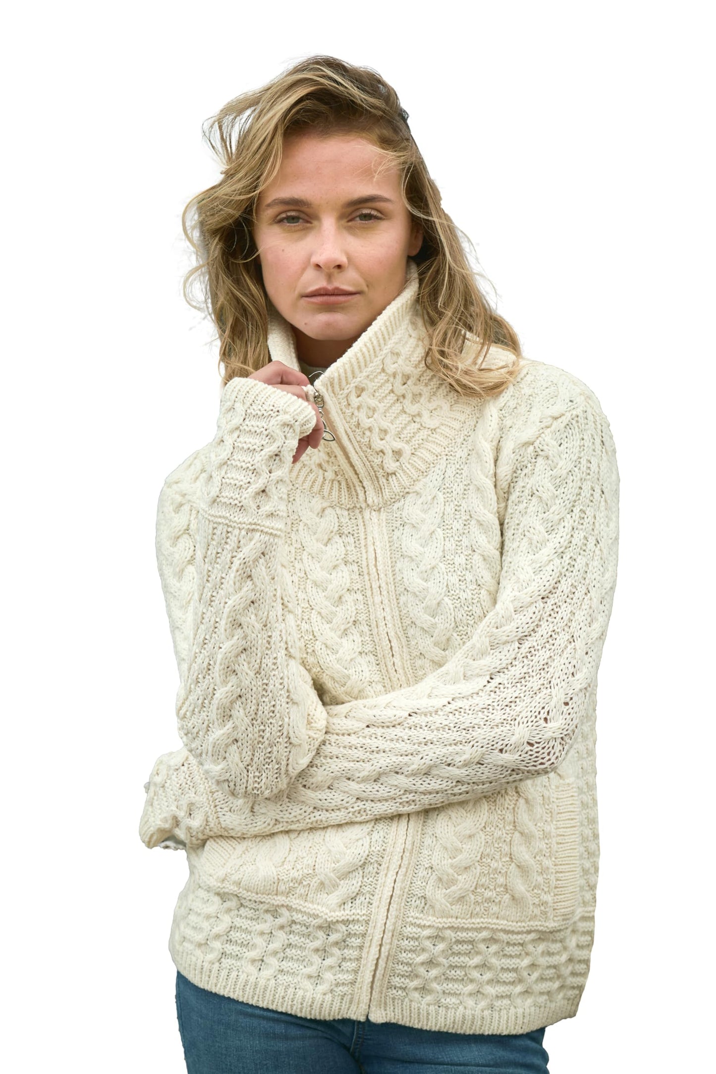 Aran Crafts Irish Women's Double Collar Zip Cardigan (100% Merino Wool)