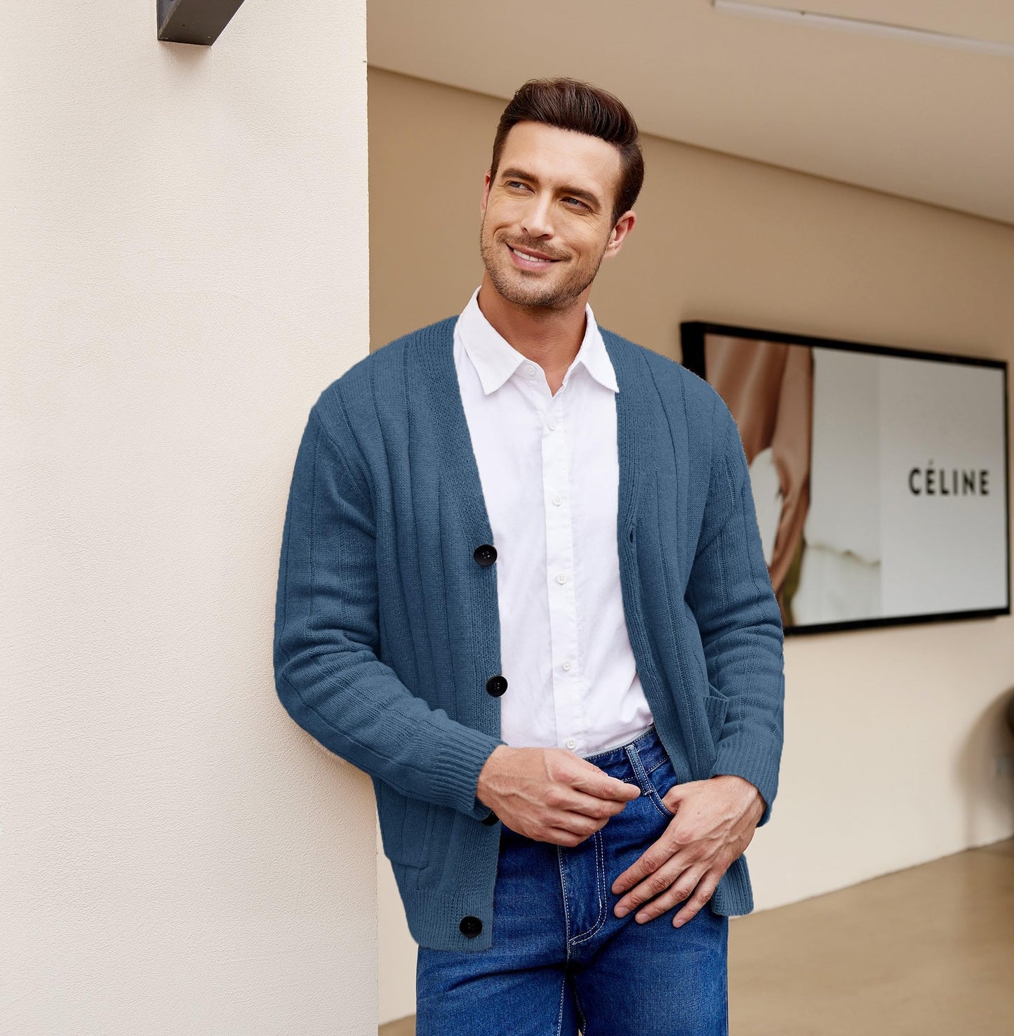 COOFANDY Men's Cardigan Sweater Cable Knit V Neck Button up Sweaters Ribbed Cardigan Sweater with Pockets