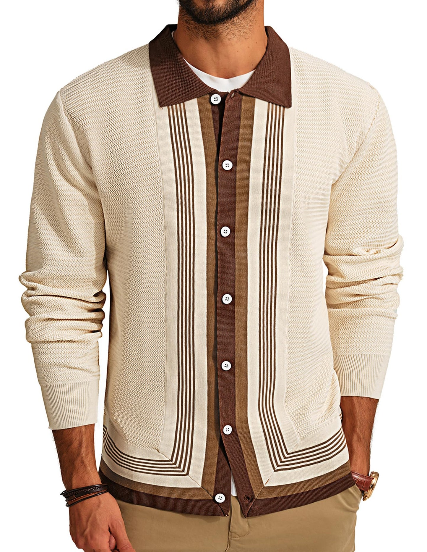 PJ PAUL JONES Men‘s Button Down Polo Shirts Striped Knitted Cardigan Sweaters