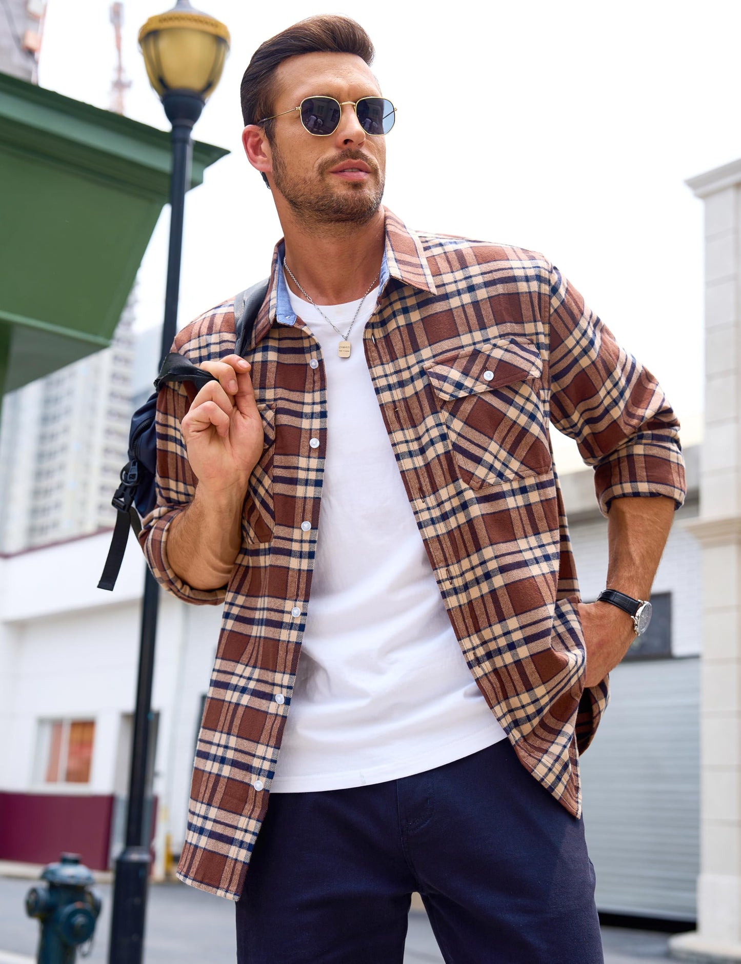 MAGCOMSEN Men's Flannel Shirts Cotton Long Sleeve Plaid Shirt Casual Fashion Button Up Shirts Jackets with 2 Pockets
