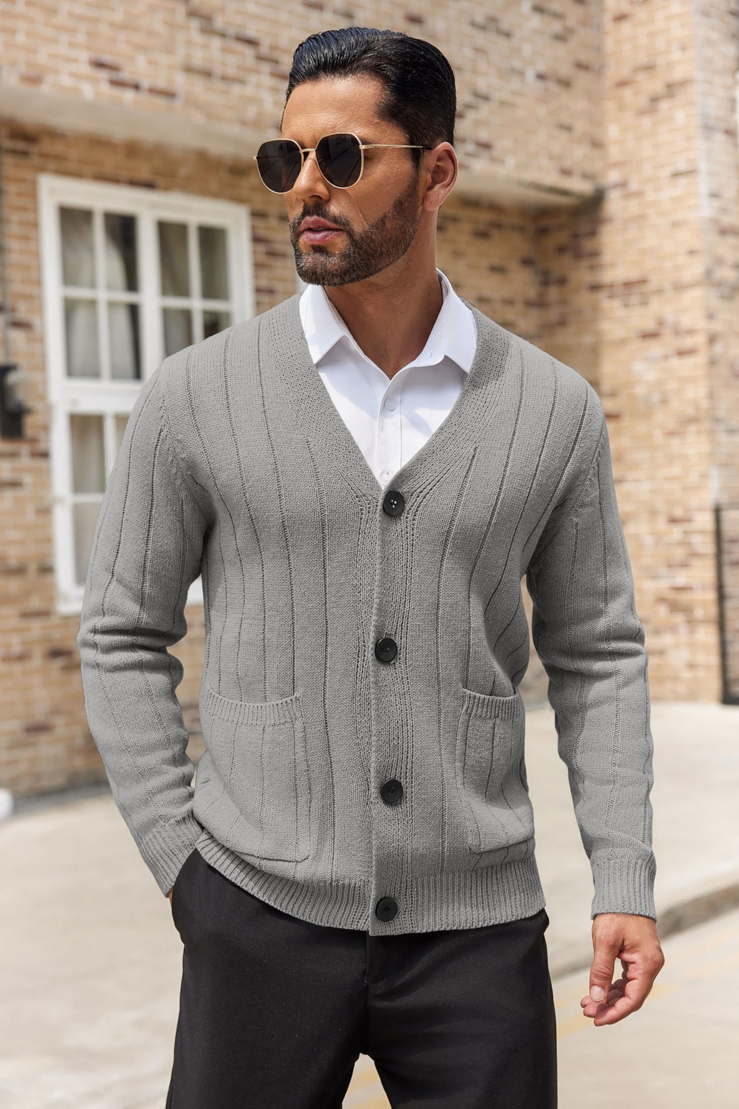 COOFANDY Men's Cardigan Sweater Cable Knit V Neck Button up Sweaters Ribbed Cardigan Sweater with Pockets