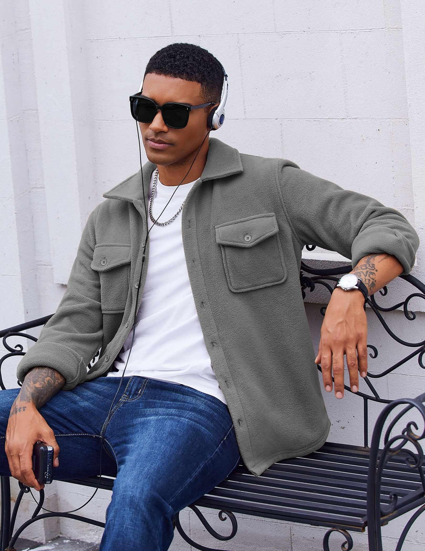 COOFANDY Men's Polar Fleece Shirt Jacket Long Sleeve Casual Button Down Shirts Shacket with Pockets