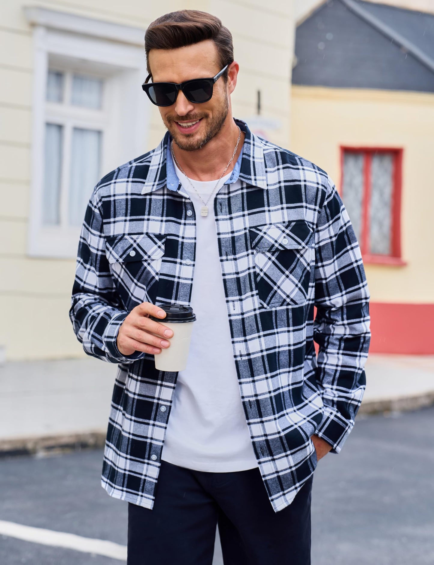 MAGCOMSEN Men's Flannel Shirts Cotton Long Sleeve Plaid Shirt Casual Fashion Button Up Shirts Jackets with 2 Pockets