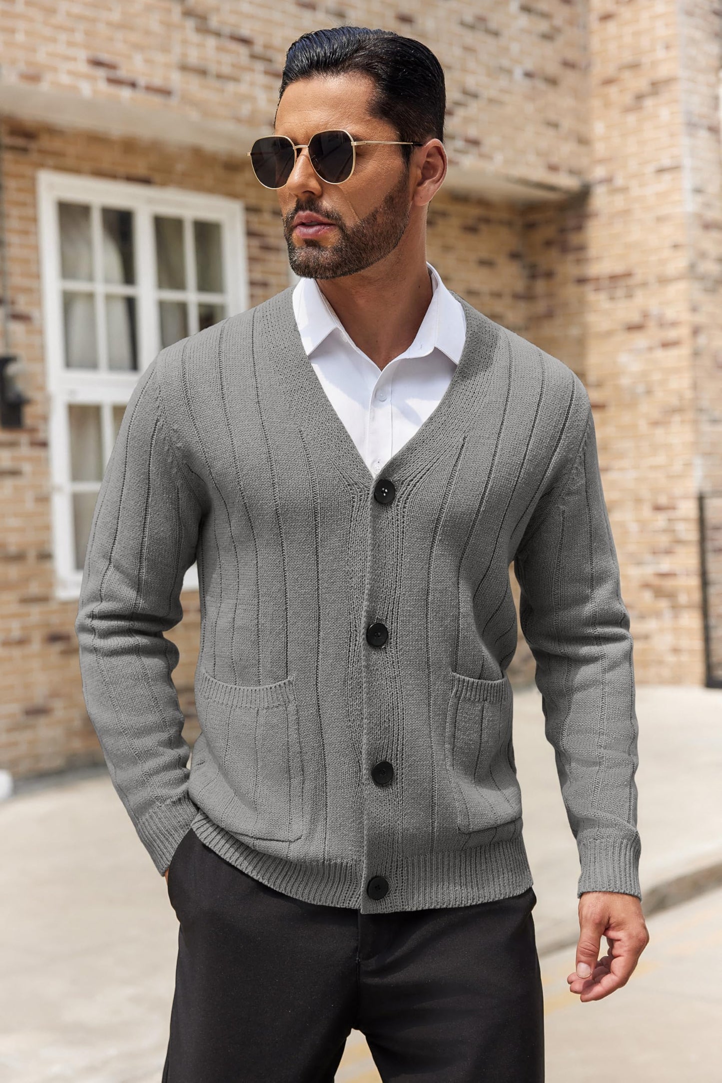 COOFANDY Men's Cardigan Sweater Cable Knit V Neck Button up Sweaters Ribbed Cardigan Sweater with Pockets