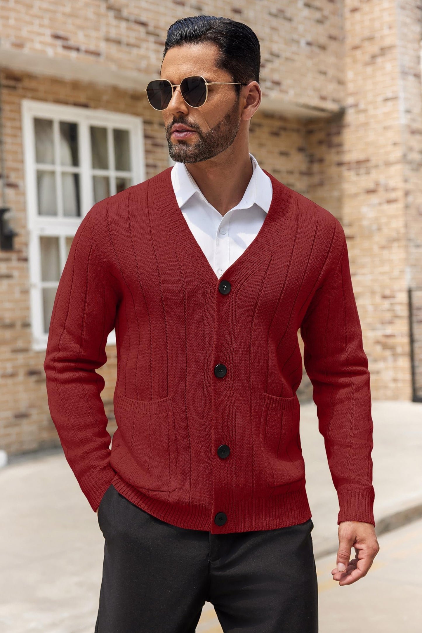 COOFANDY Men's Cardigan Sweater Cable Knit V Neck Button up Sweaters Ribbed Cardigan Sweater with Pockets