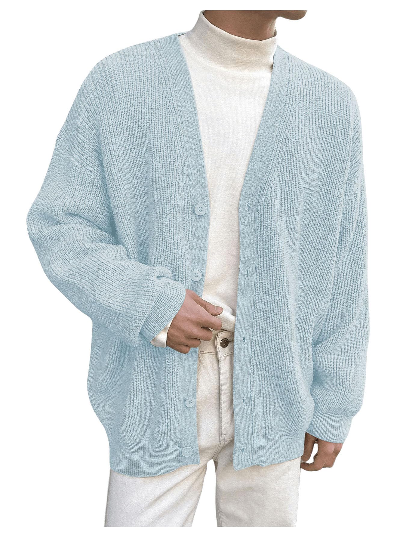 Floerns Men's Casual Long Sleeve Button Front V Neck Rib Knit Cardigan Sweaters