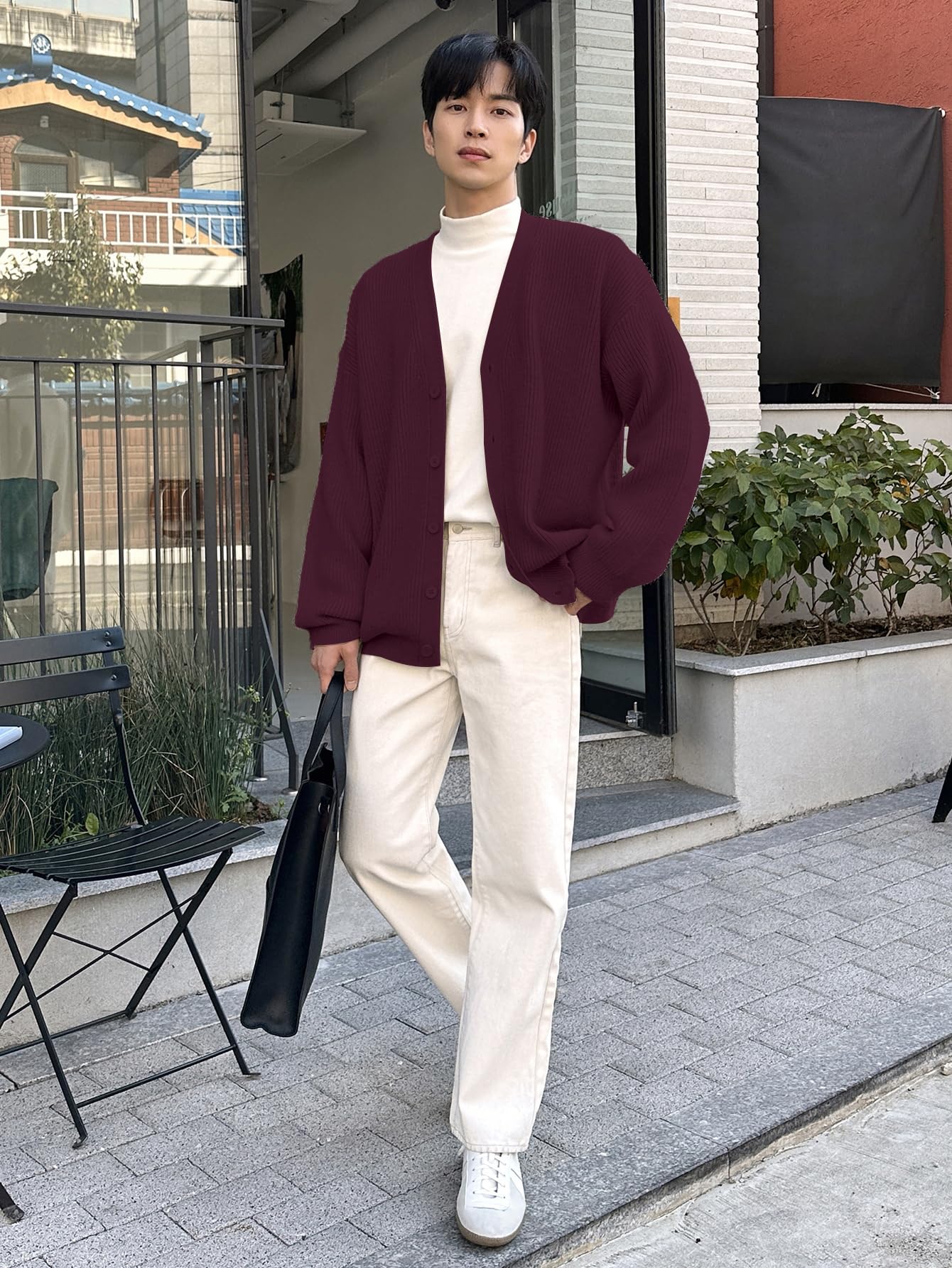 Floerns Men's Casual Long Sleeve Button Front V Neck Rib Knit Cardigan Sweaters