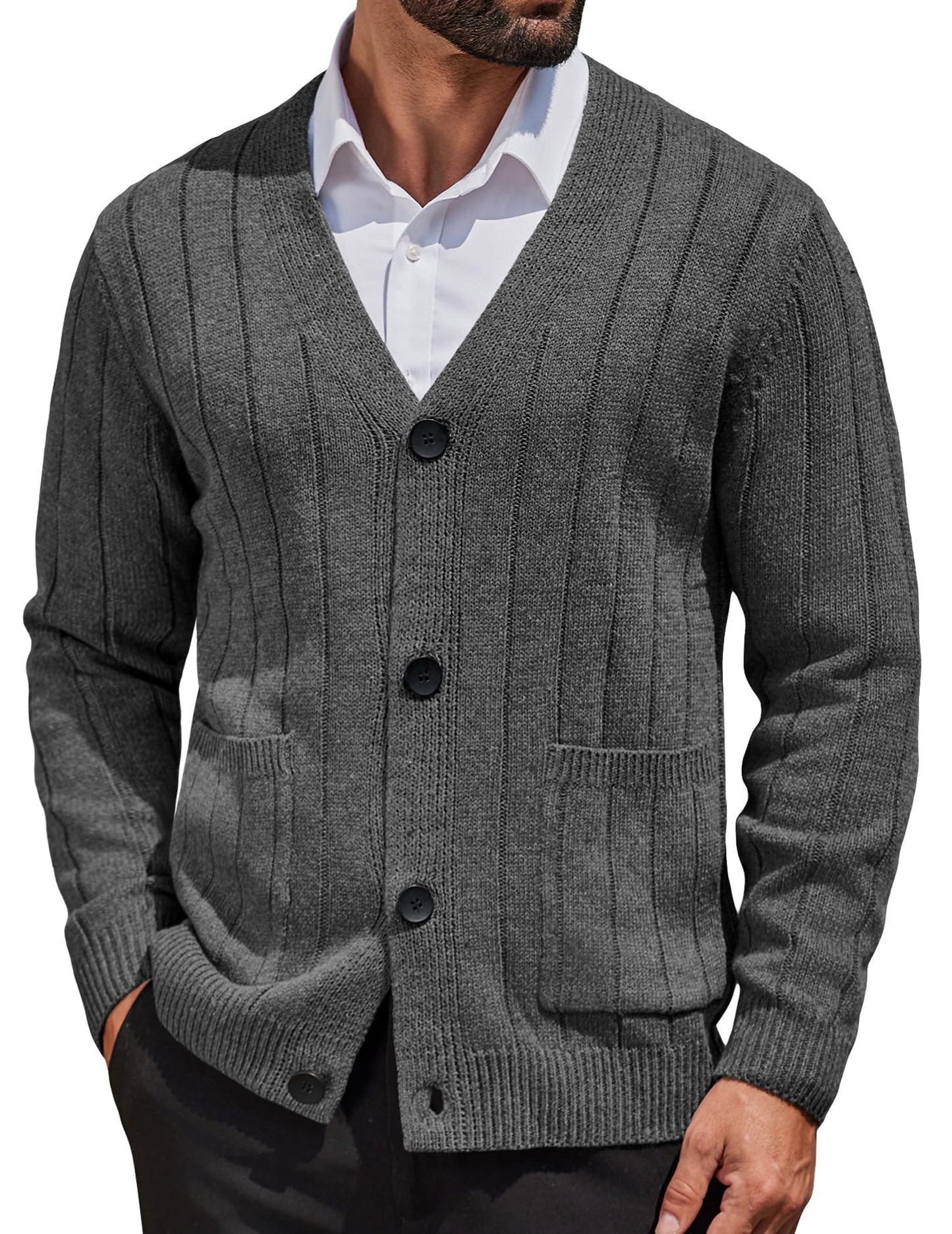 COOFANDY Men's Cardigan Sweater Cable Knit V Neck Button up Sweaters Ribbed Cardigan Sweater with Pockets