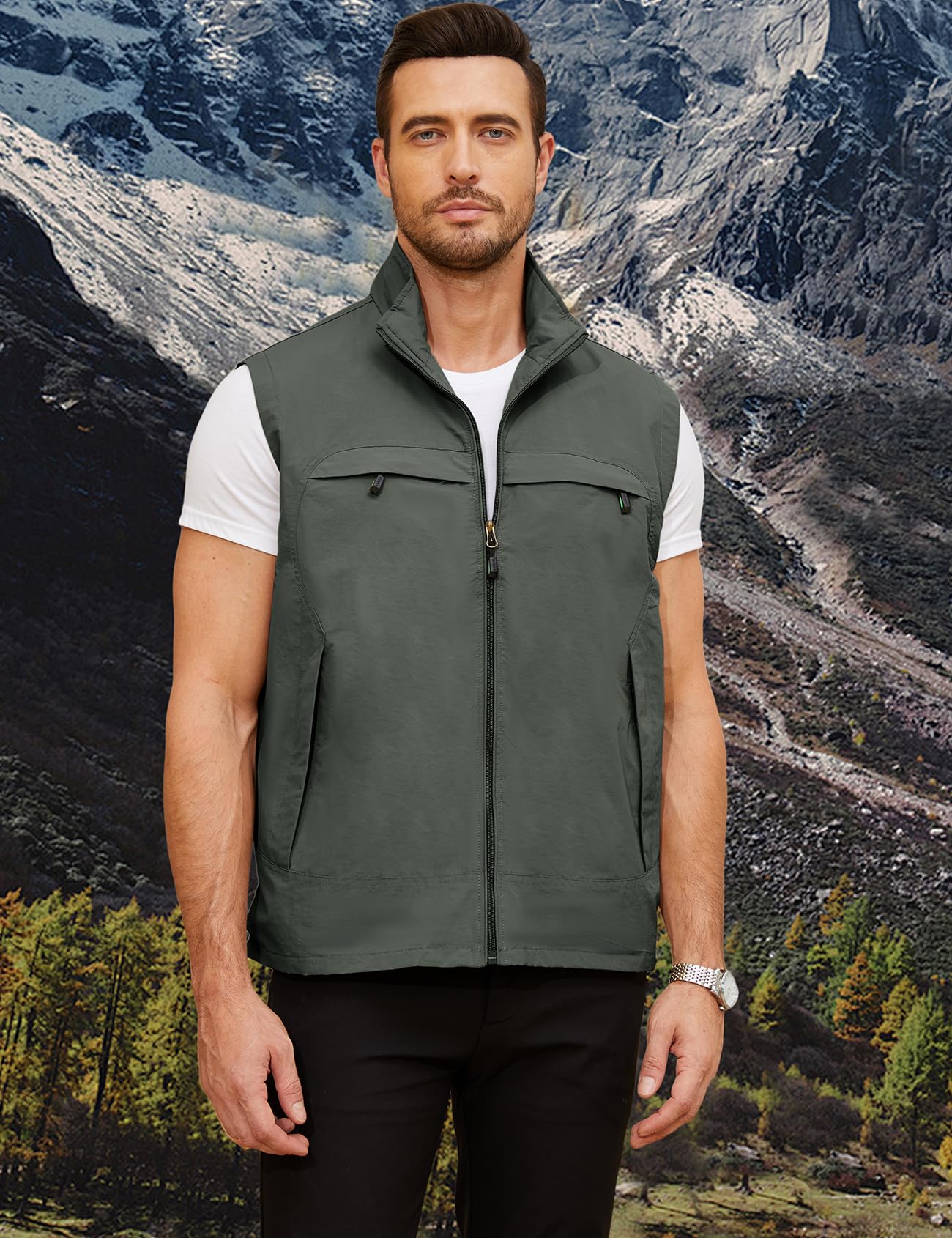 Gihuo Mens Casual Lightweight Travel Vest Summer Utility Safari Vest Sleeveless Jackets for Travel Hiking Fishing