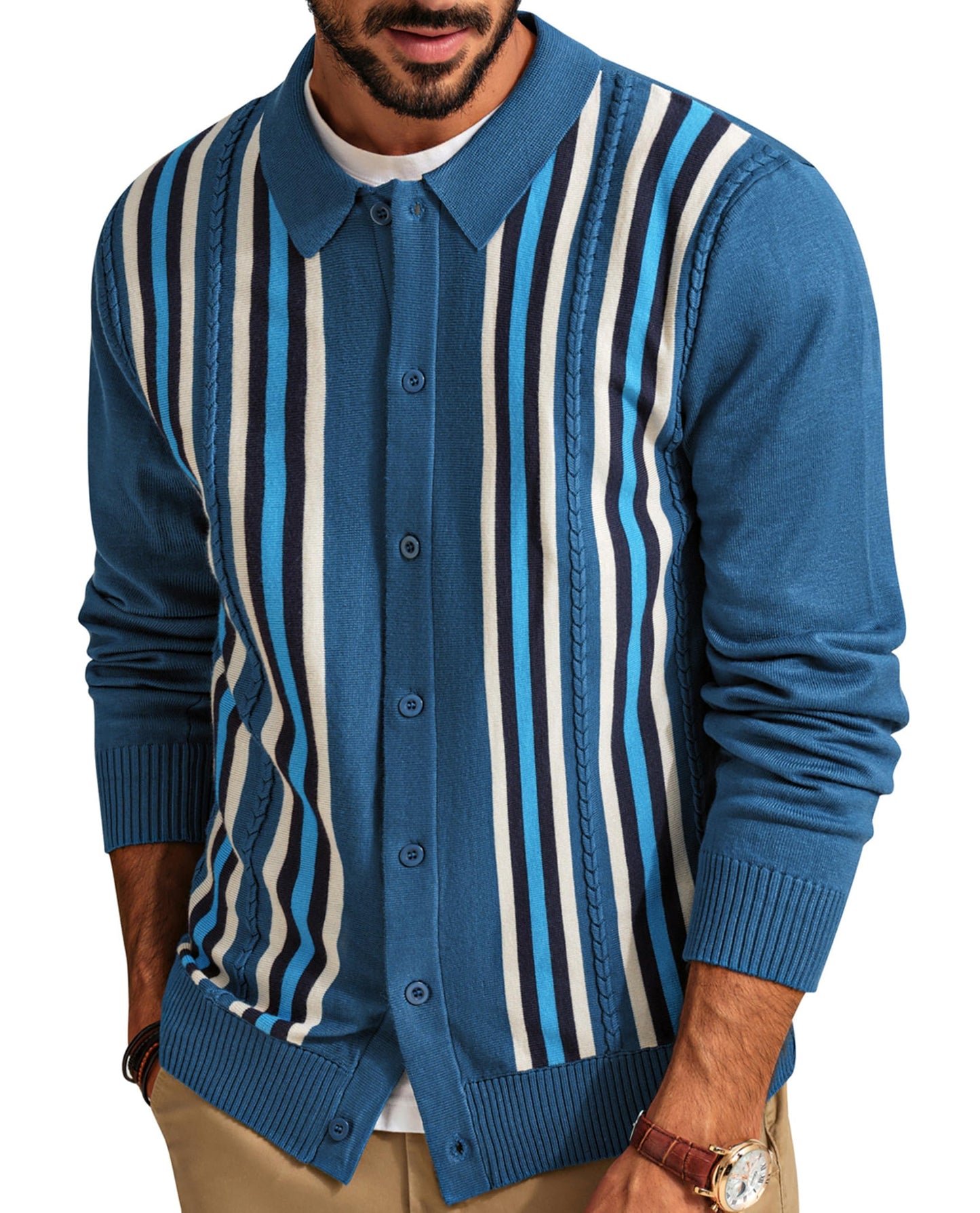 PJ PAUL JONES Mens Vintage Striped Knit Polo Shirt Long Sleeve Button Down Cardigan Sweater