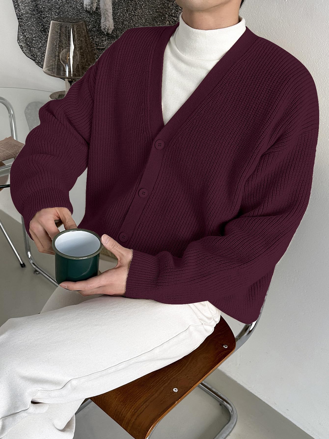 Floerns Men's Casual Long Sleeve Button Front V Neck Rib Knit Cardigan Sweaters