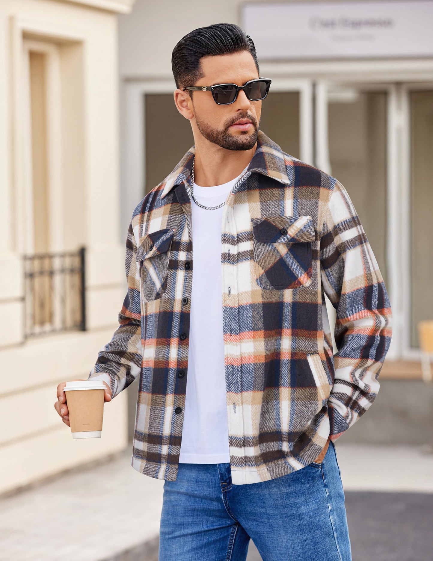 COOFANDY Men's Flannel Jacket Long Sleeve Plaid Shirt Jackets Button Down Fleece Shacket Casual Fall Soft Outwear