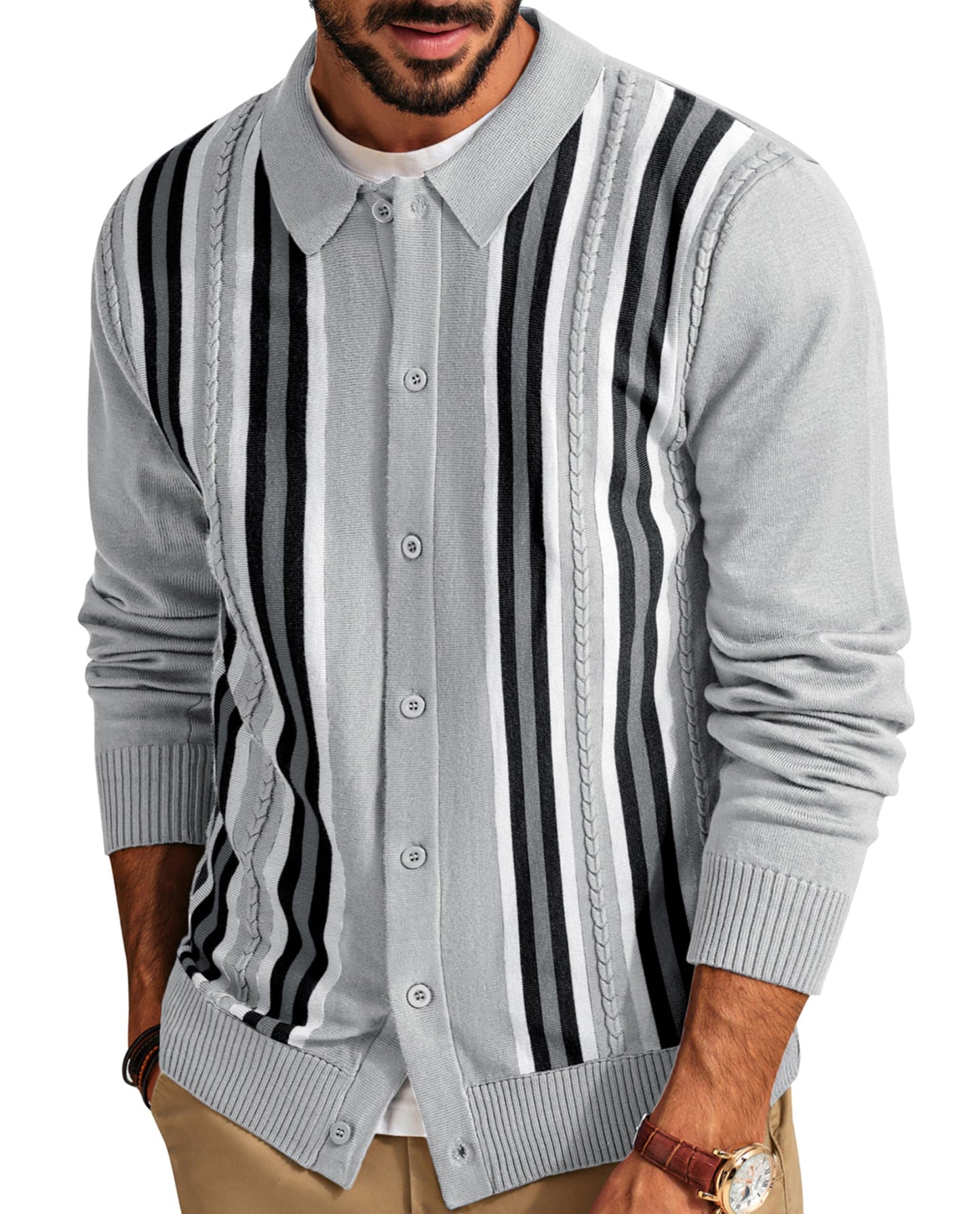 PJ PAUL JONES Mens Vintage Striped Knit Polo Shirt Long Sleeve Button Down Cardigan Sweater