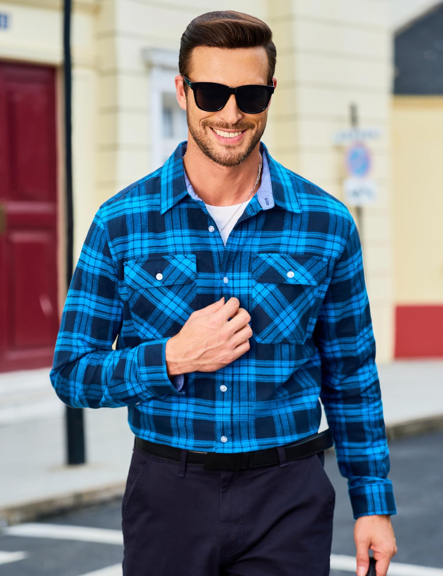 MAGCOMSEN Men's Flannel Shirts Cotton Long Sleeve Plaid Shirt Casual Fashion Button Up Shirts Jackets with 2 Pockets